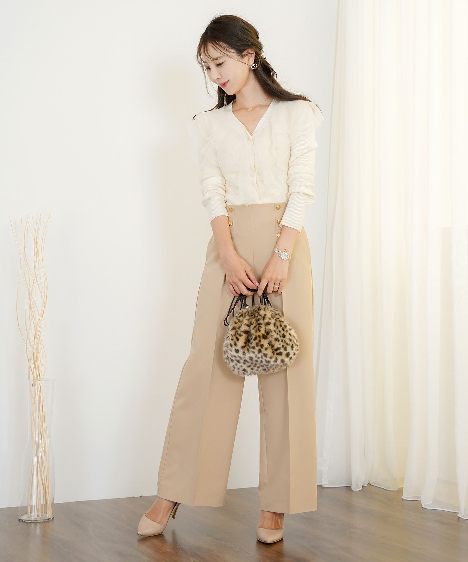 レディース/ボトムス/パンツ/ワイドパンツ/マリンパンツ/ゴールド/ボタン/ポケット/美脚/脚長/体型カバー/フルレングス/オールシーズン/夏/春/秋/冬/センタープレス/タック/ハイウエスト/アイボリー/ピンクベージュ/ネイビー