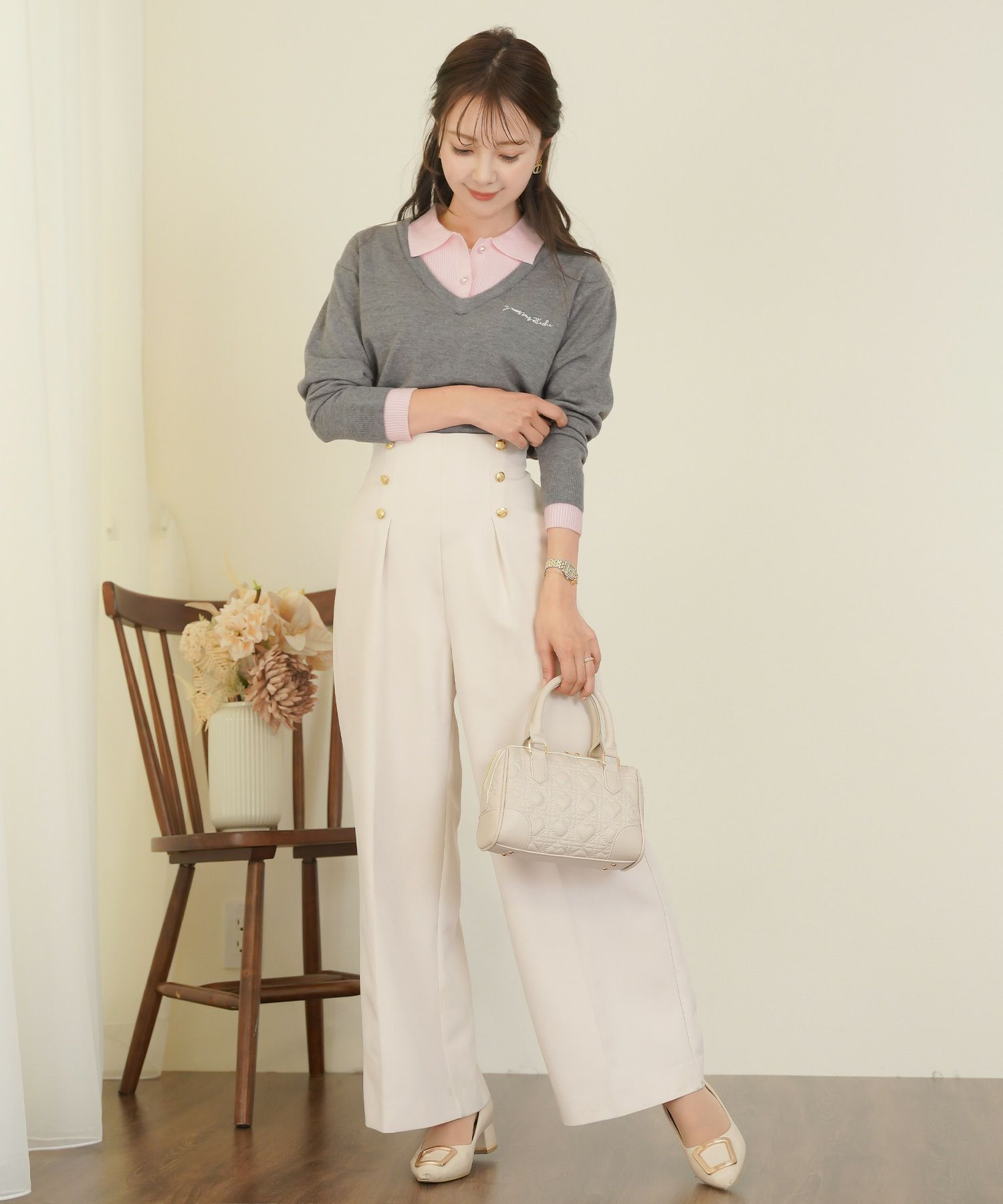 レディース/ボトムス/パンツ/ワイドパンツ/マリンパンツ/ゴールド/ボタン/ポケット/美脚/脚長/体型カバー/フルレングス/オールシーズン/夏/春/秋/冬/センタープレス/タック/ハイウエスト/アイボリー/ピンクベージュ/ネイビー