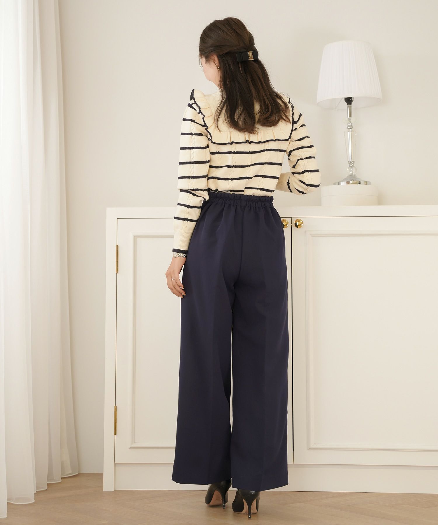 レディース/ボトムス/パンツ/ワイドパンツ/マリンパンツ/ゴールド/ボタン/ポケット/美脚/脚長/体型カバー/フルレングス/オールシーズン/夏/春/秋/冬/センタープレス/タック/ハイウエスト/アイボリー/ピンクベージュ/ネイビー