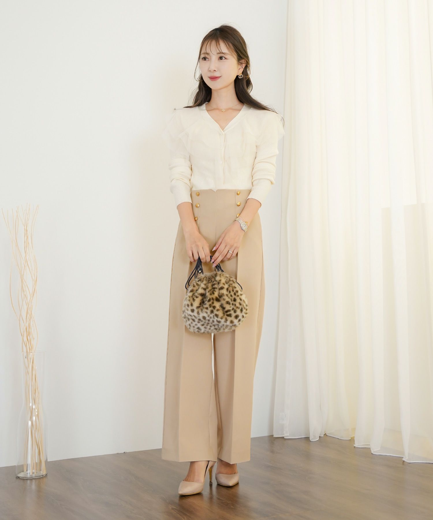 レディース/ボトムス/パンツ/ワイドパンツ/マリンパンツ/ゴールド/ボタン/ポケット/美脚/脚長/体型カバー/フルレングス/オールシーズン/夏/春/秋/冬/センタープレス/タック/ハイウエスト/アイボリー/ピンクベージュ/ネイビー