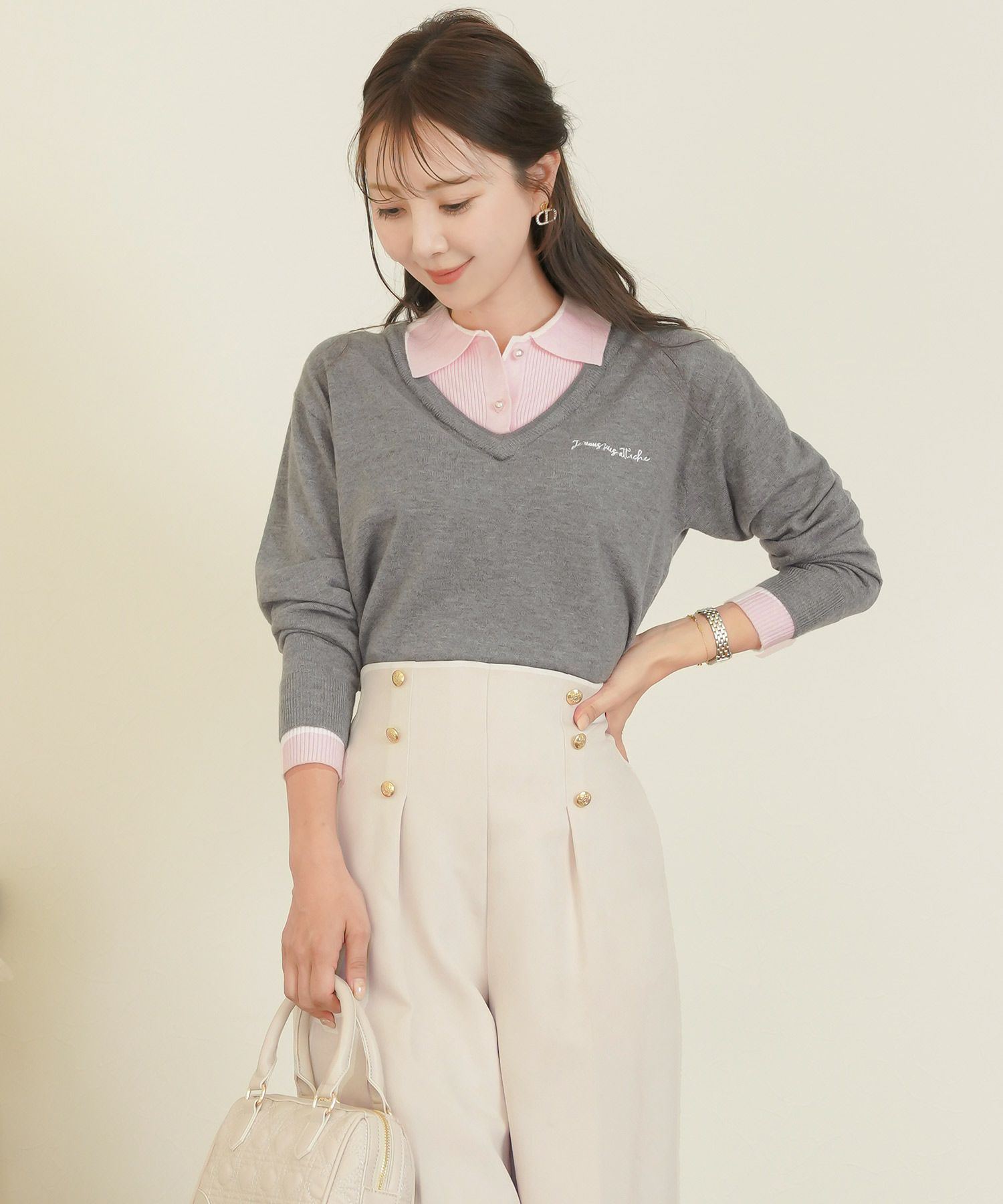 レディース/ボトムス/パンツ/ワイドパンツ/マリンパンツ/ゴールド/ボタン/ポケット/美脚/脚長/体型カバー/フルレングス/オールシーズン/夏/春/秋/冬/センタープレス/タック/ハイウエスト/アイボリー/ピンクベージュ/ネイビー