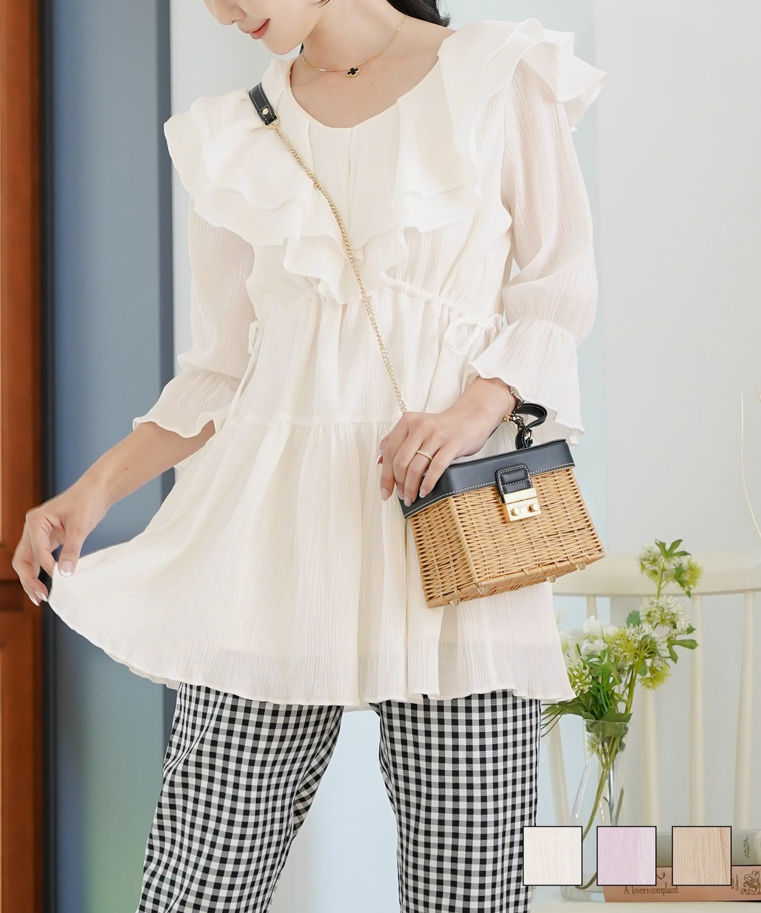 ラッフルフリルコットンチュニックブラウスlerevevanillerホワイト/ラベンダー/ピンクベージュ