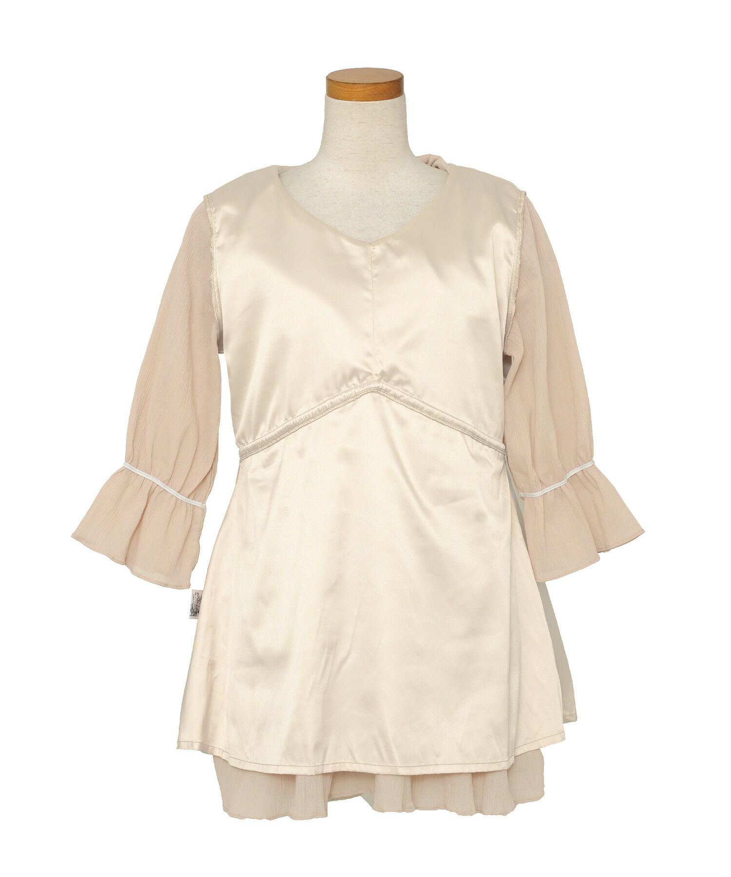 レディース/ブラウス/トップス/チュニック/ラッフルカラー/フリル/ドロスト/ドローストリング/リボン/半袖/7分袖/ゴム口/スタイルアップ/絞れる/Vネック/春/夏/秋/エレガント/フェミニン/上品/カジュアル/大人/ピンクベージュ/ラベンダー/ホワイト