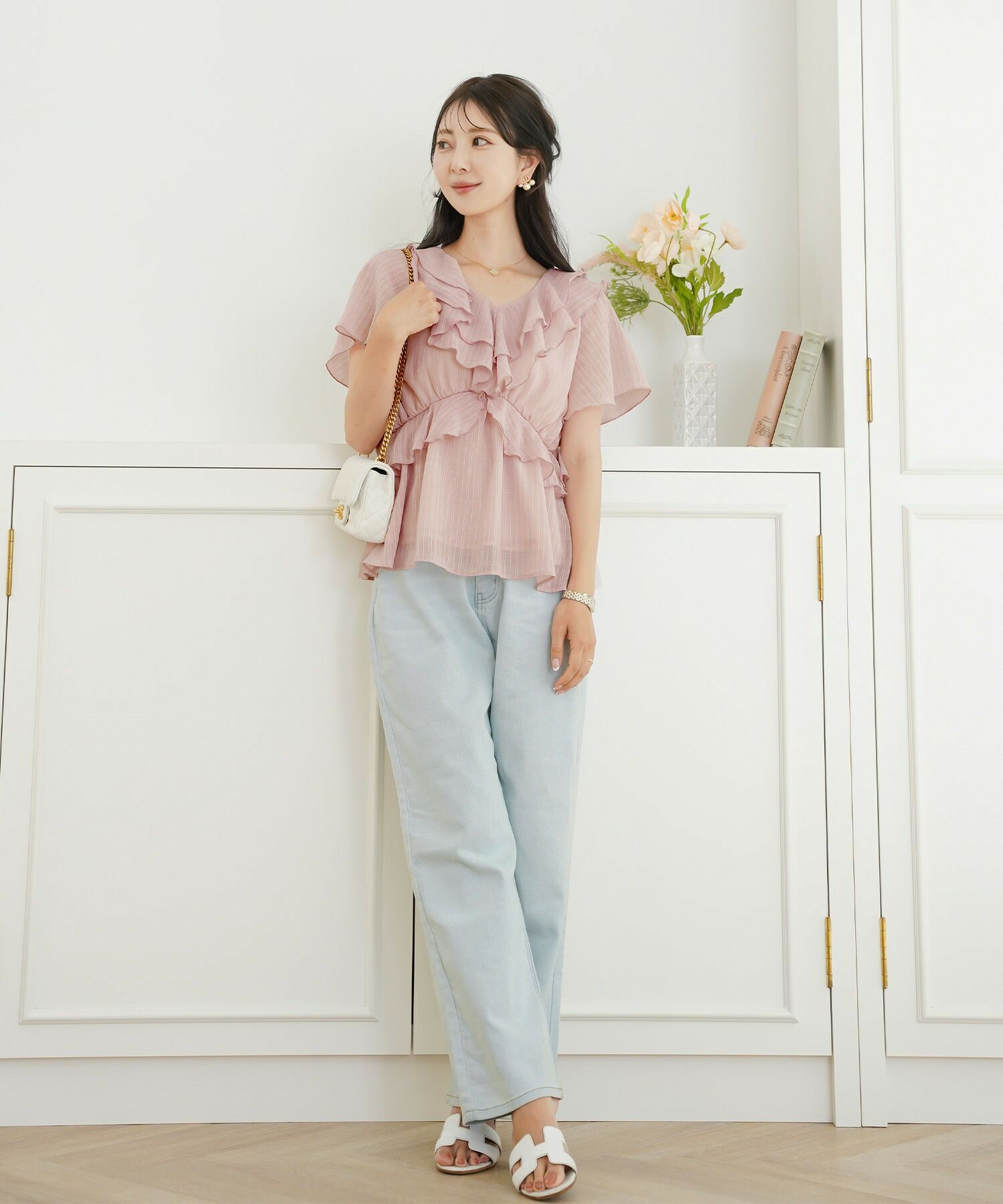 レディース/ブラウス/トップス/ショート丈/コンパクト丈/フリル/ストライプ柄/半シアー/透け感/清涼感/ホワイト/ピンク/ミント/春/夏/旅行/バタフライスリーブ/半袖/ハイウエスト/チェック柄