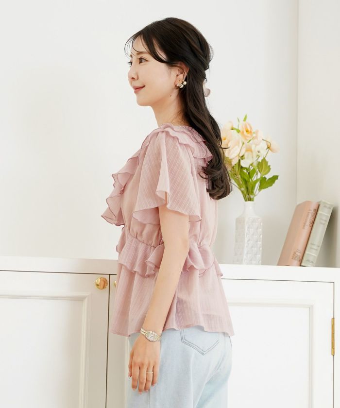 レディース/ブラウス/トップス/ショート丈/コンパクト丈/フリル/ストライプ柄/半シアー/透け感/清涼感/ホワイト/ピンク/ミント/春/夏/旅行/バタフライスリーブ/半袖/ハイウエスト/チェック柄