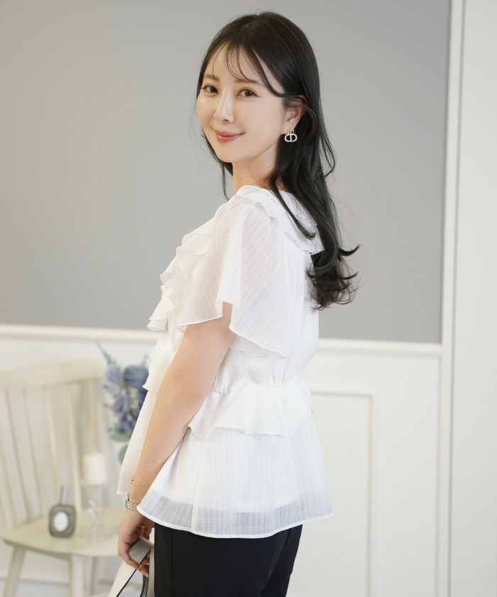 レディース/ブラウス/トップス/ショート丈/コンパクト丈/フリル/ストライプ柄/半シアー/透け感/清涼感/ホワイト/ピンク/ミント/春/夏/旅行/バタフライスリーブ/半袖/ハイウエスト/チェック柄