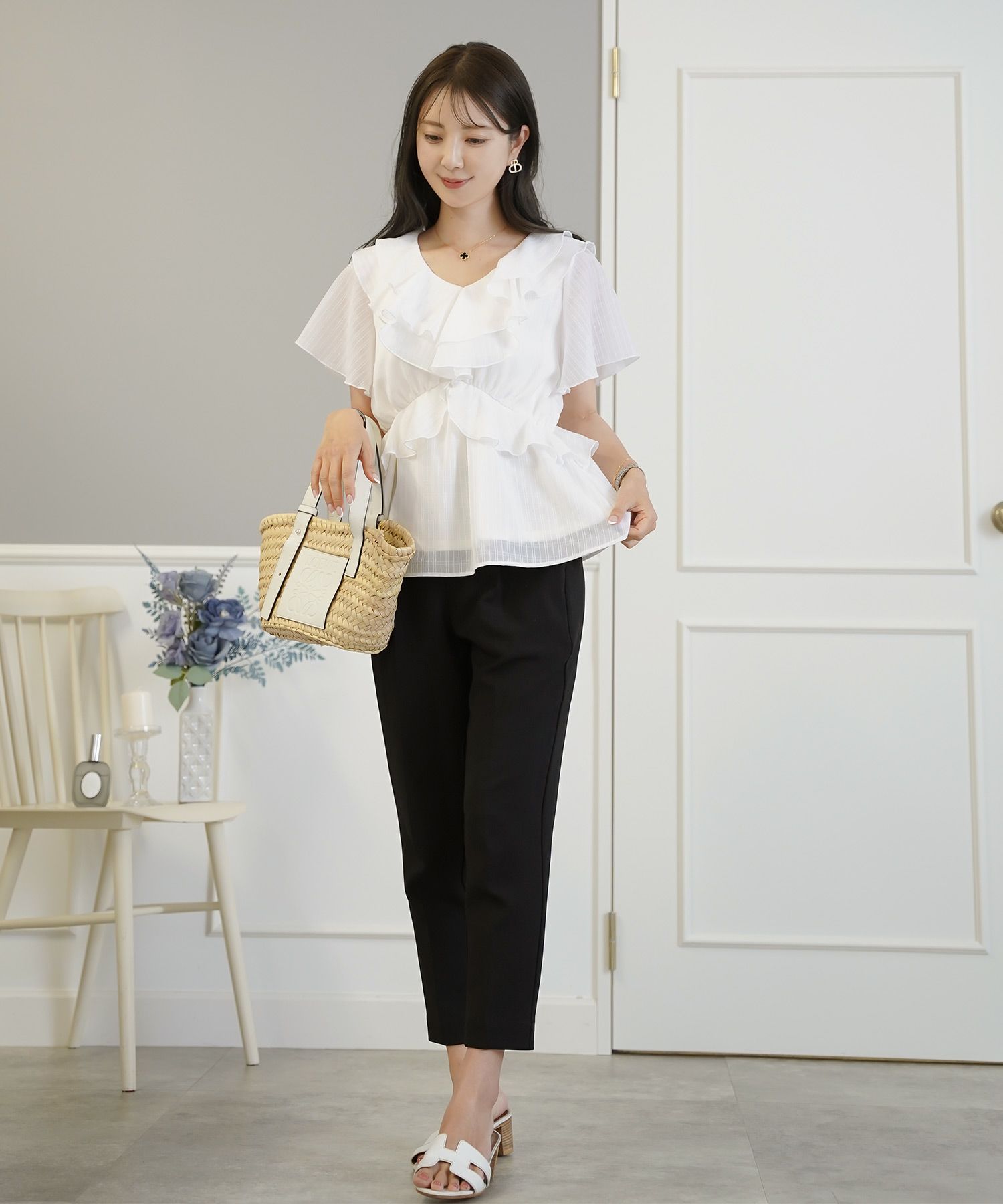 レディース/ブラウス/トップス/ショート丈/コンパクト丈/フリル/ストライプ柄/半シアー/透け感/清涼感/ホワイト/ピンク/ミント/春/夏/旅行/バタフライスリーブ/半袖/ハイウエスト/チェック柄