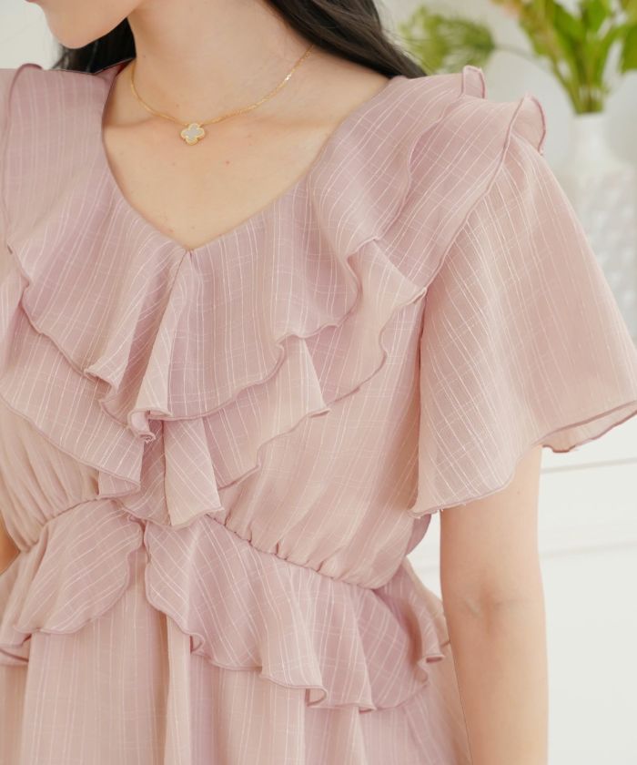 レディース/ブラウス/トップス/ショート丈/コンパクト丈/フリル/ストライプ柄/半シアー/透け感/清涼感/ホワイト/ピンク/ミント/春/夏/旅行/バタフライスリーブ/半袖/ハイウエスト/チェック柄