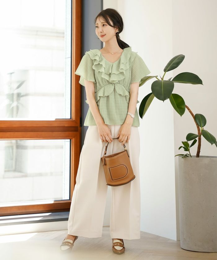 レディース/ブラウス/トップス/ショート丈/コンパクト丈/フリル/ストライプ柄/半シアー/透け感/清涼感/ホワイト/ピンク/ミント/春/夏/旅行/バタフライスリーブ/半袖/ハイウエスト/チェック柄