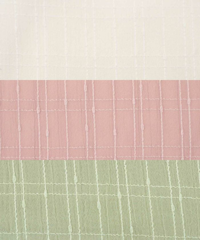 レディース/ブラウス/トップス/ショート丈/コンパクト丈/フリル/ストライプ柄/半シアー/透け感/清涼感/ホワイト/ピンク/ミント/春/夏/旅行/バタフライスリーブ/半袖/ハイウエスト/チェック柄