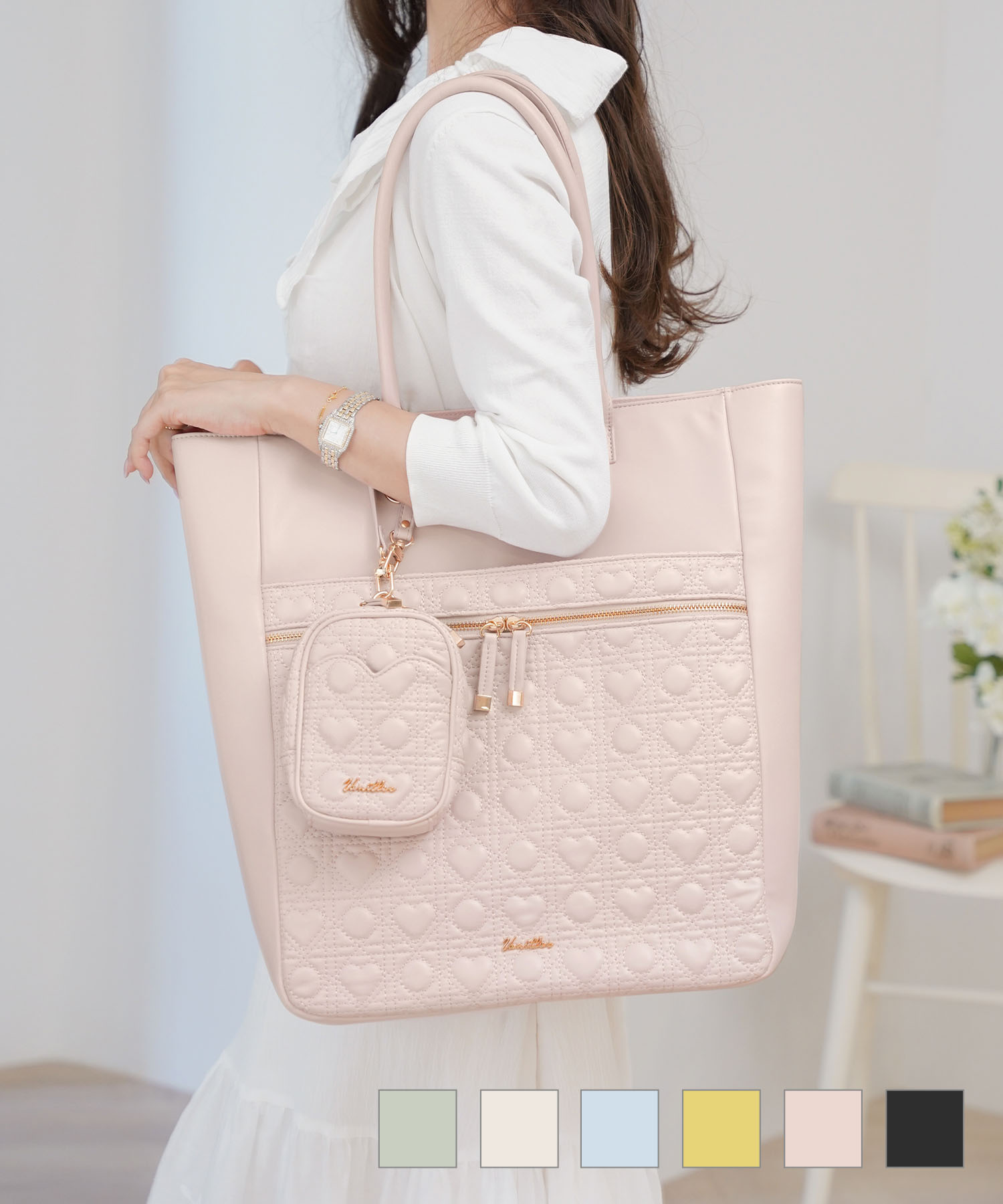 オリジナルハートキルティングお仕事&推しごとBIGトートバッグlerevevanillerストロベリーミルク/ブラック