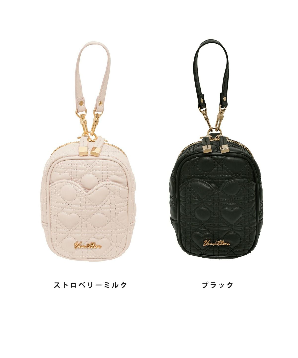 レディース/小物/ポーチ/グッズ/ケース/ティッシュ/ティッシュポケット/ミニ/小さい/ハートキルティング/人気/ヒット/シリーズ/ゴムバンド/ファスナー/吊り下げ/引っ掛け/ストロベリーミルク/ブラック/ピンク/エチケットポーチ/サニタリーポーチ