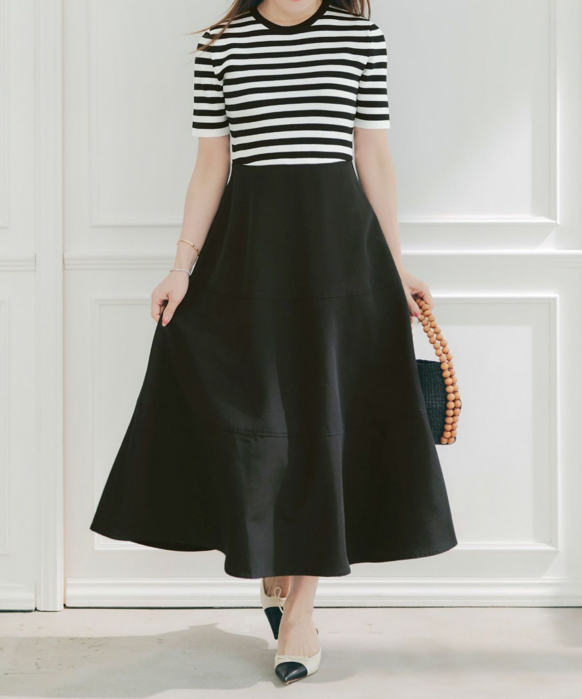 手洗い可上品きれいめボーダー柄大人可愛いオフィスカジュアルフェニミンオフィス白黒ジョイントスペース