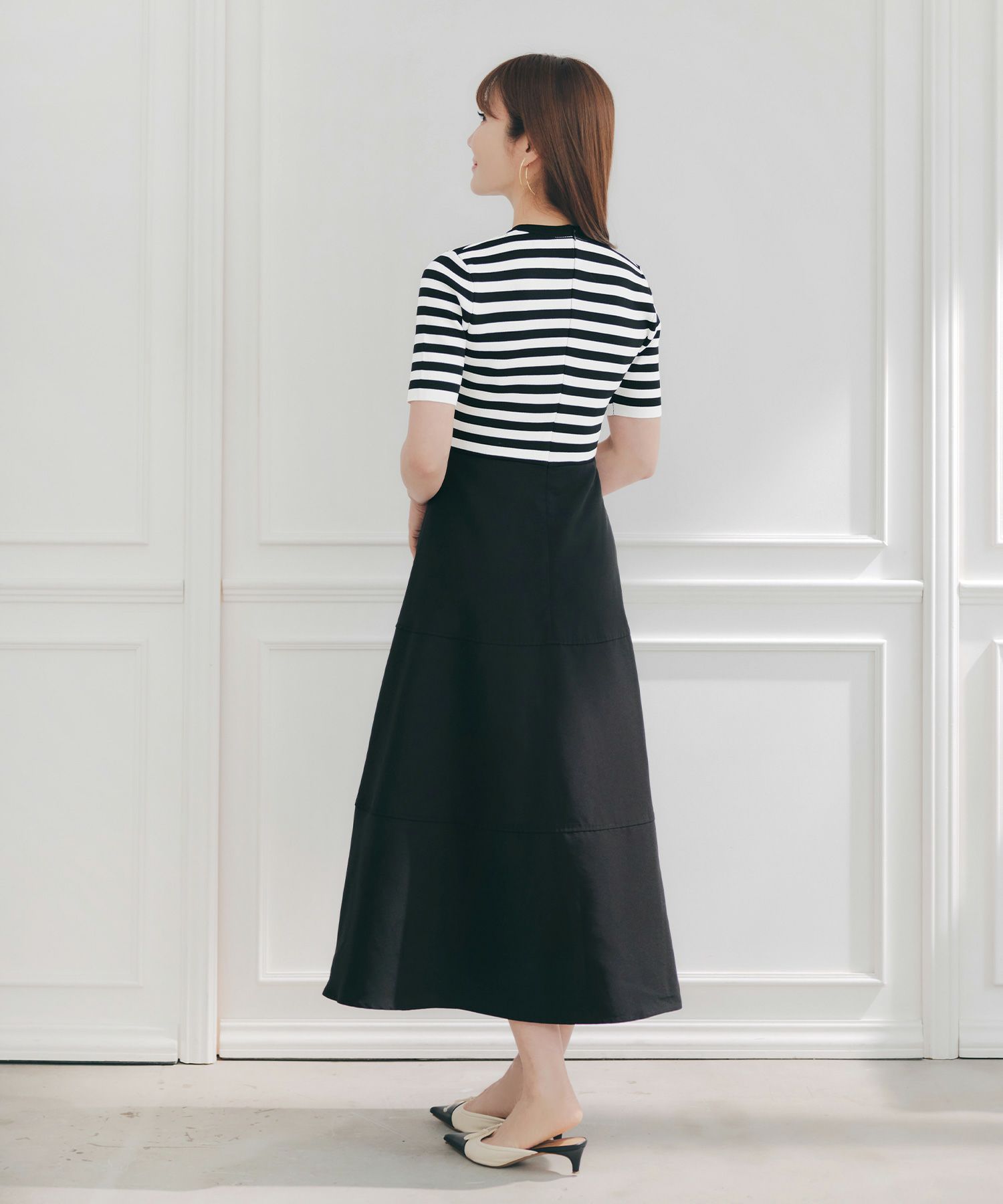 手洗い可上品きれいめボーダー柄大人可愛いオフィスカジュアルフェニミンオフィス白黒ジョイントスペース