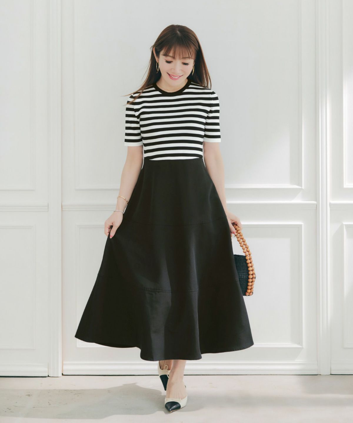 手洗い可上品きれいめボーダー柄大人可愛いオフィスカジュアルフェニミンオフィス白黒ジョイントスペース