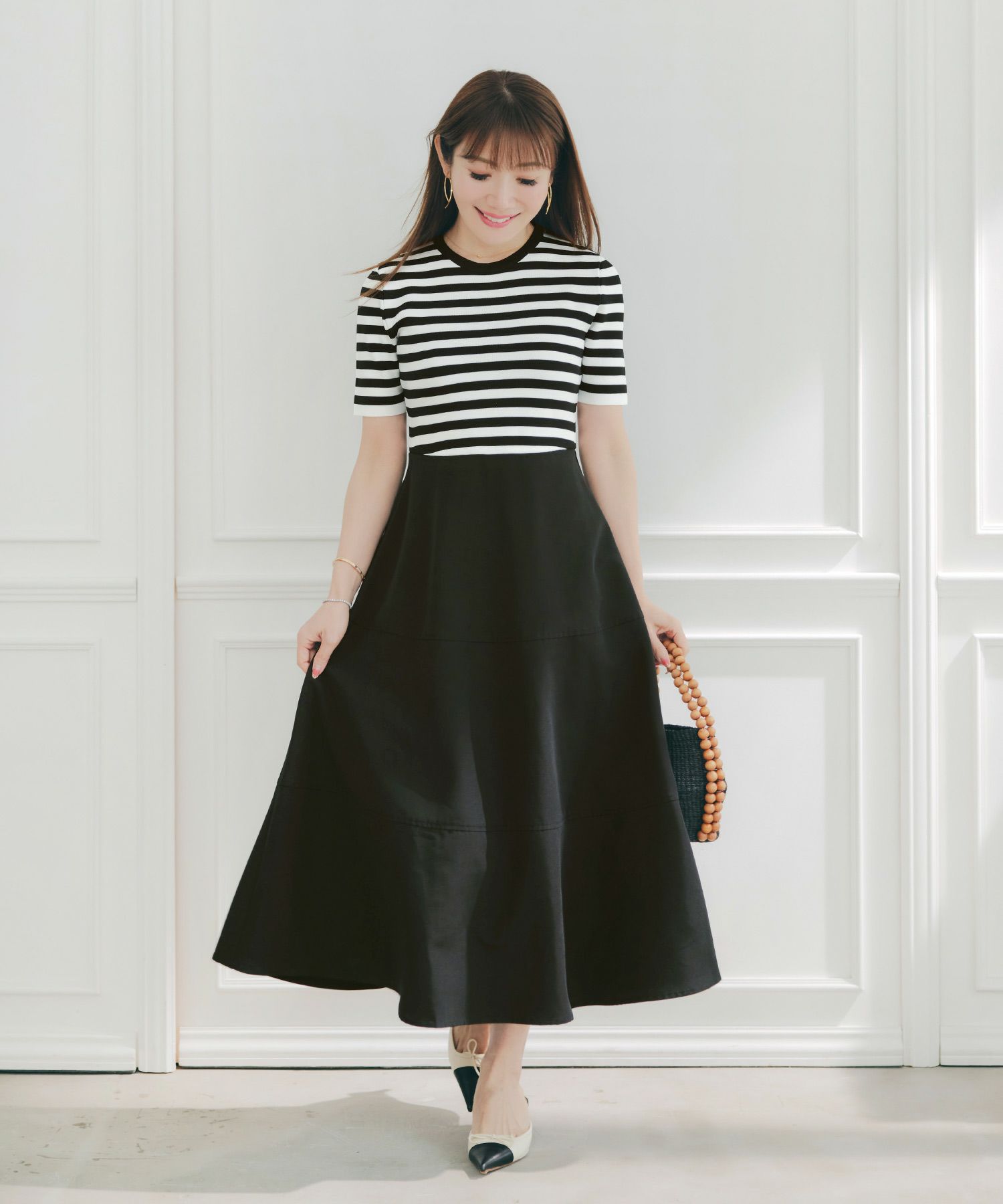 手洗い可上品きれいめボーダー柄大人可愛いオフィスカジュアルフェニミンオフィス白黒ジョイントスペース