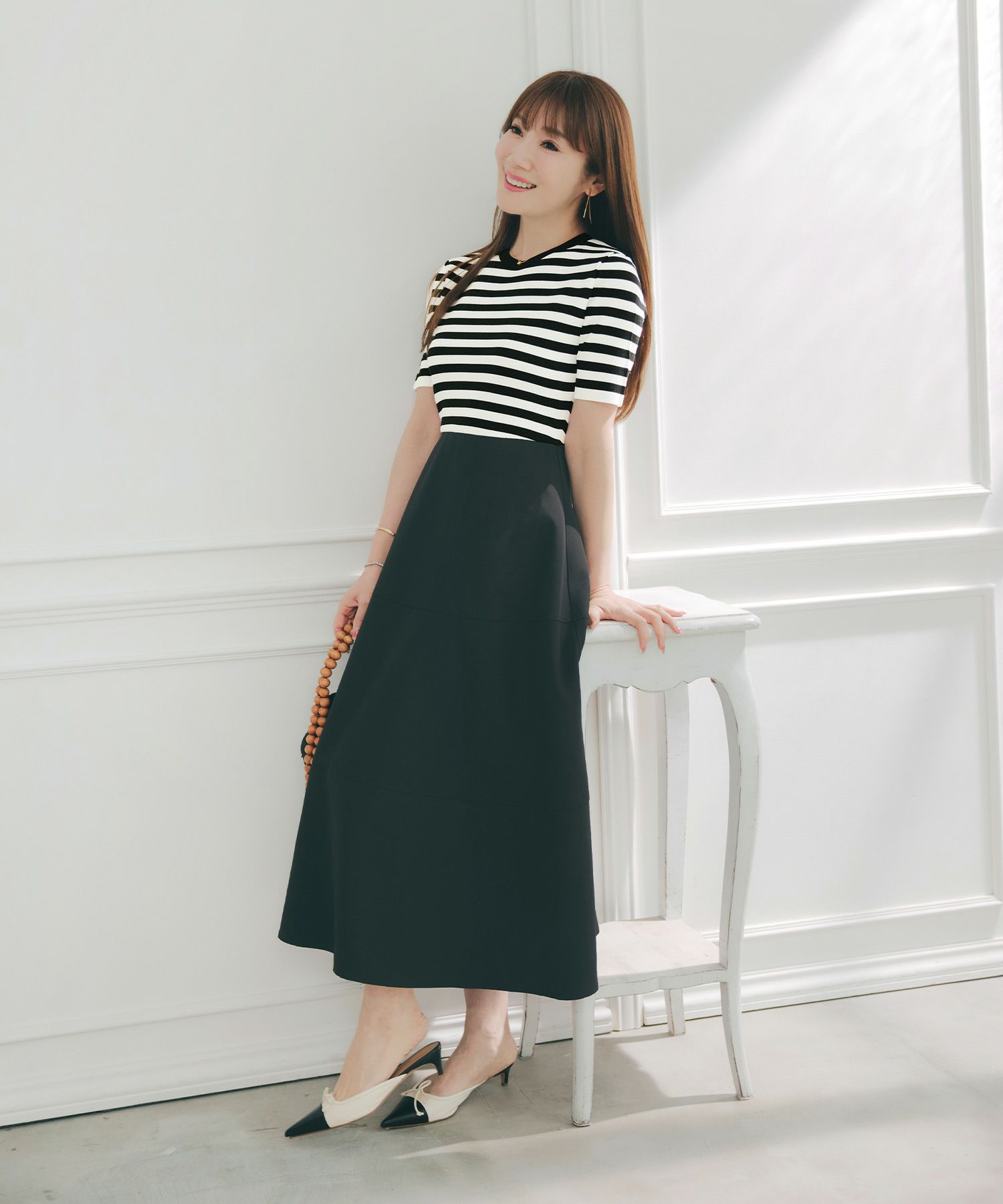 手洗い可上品きれいめボーダー柄大人可愛いオフィスカジュアルフェニミンオフィス白黒ジョイントスペース