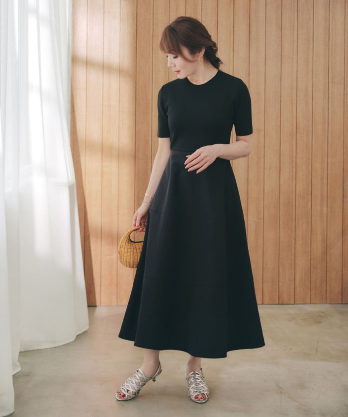 シビラ ニット ドッキングワンピース フレア グレー 半袖 M ストレッチ シャツドッキングAラインニットワンピース/グレー | DRESS | OBLI