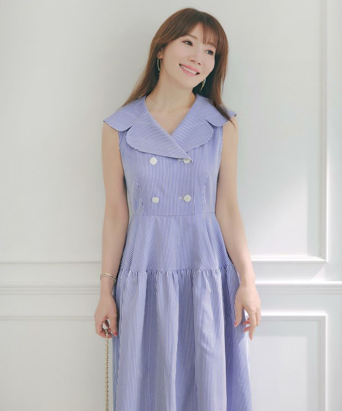 CLEARANCE-SALE BIGカラー ノースリーブ ストライプ ワンピース