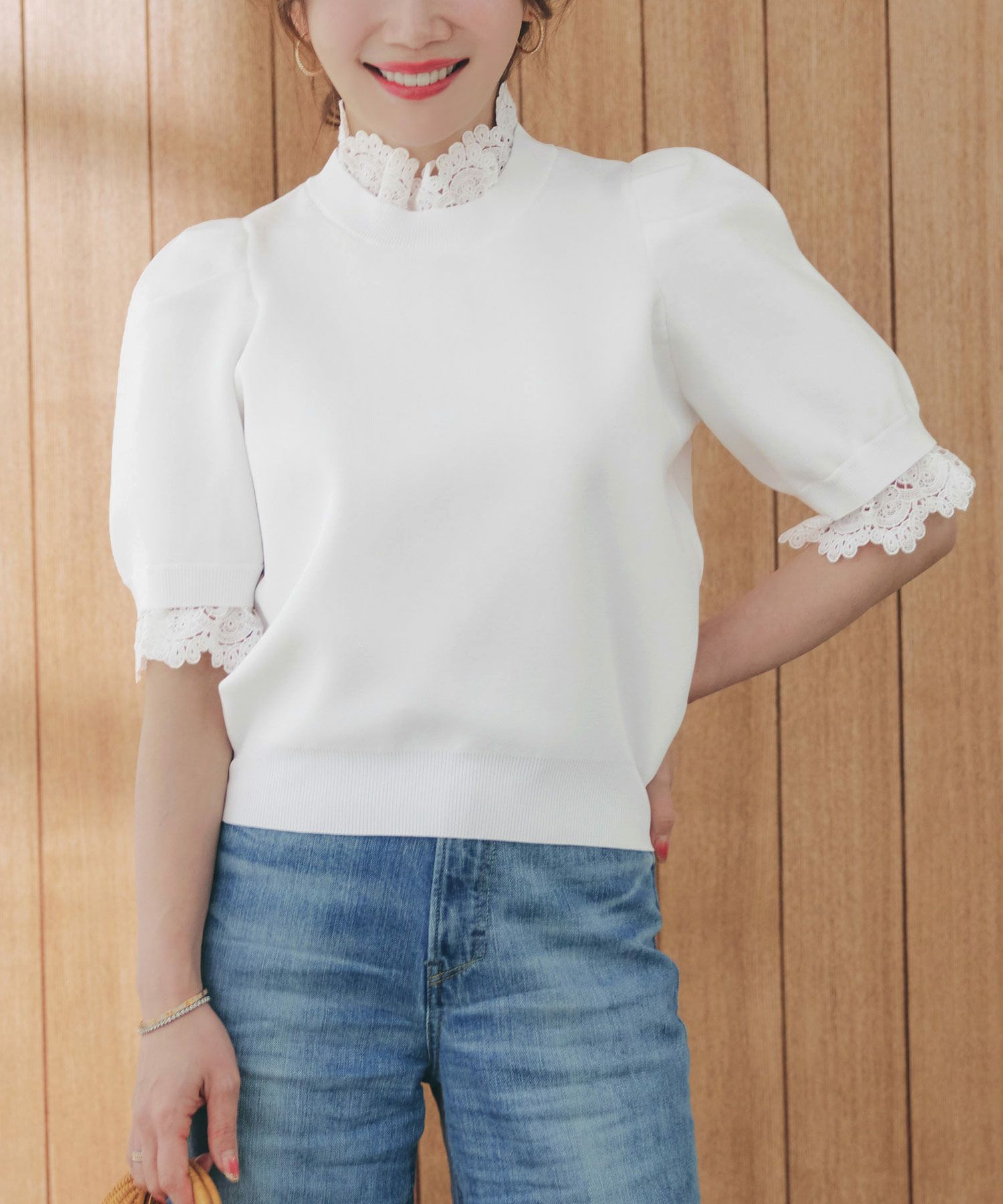 手洗い可ラウンドネック裾リブおしゃれフェミニンオフィス上品大人可愛いきれいめ大人カジュアルジョイントスペース