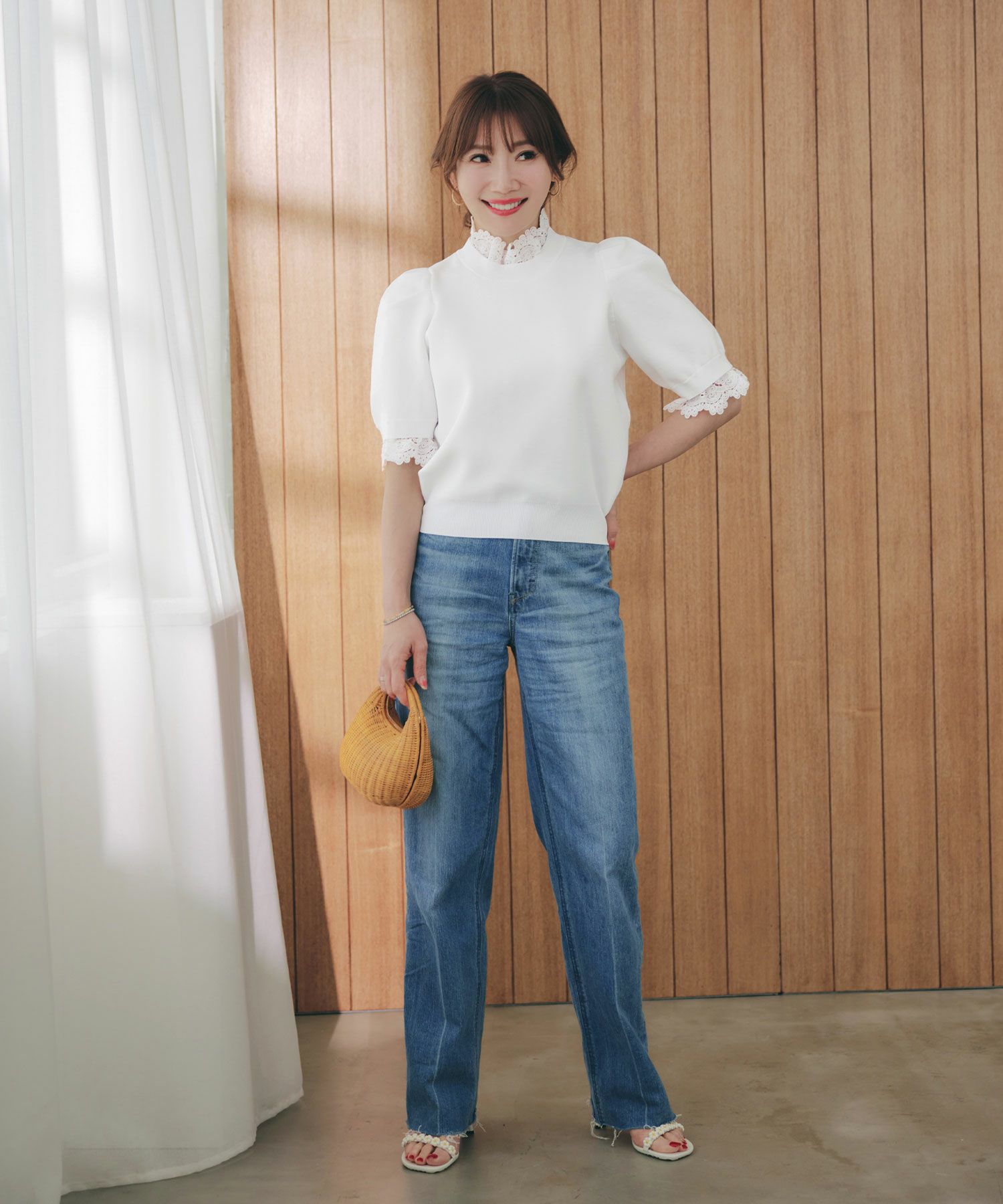 手洗い可ラウンドネック裾リブおしゃれフェミニンオフィス上品大人可愛いきれいめ大人カジュアルジョイントスペース