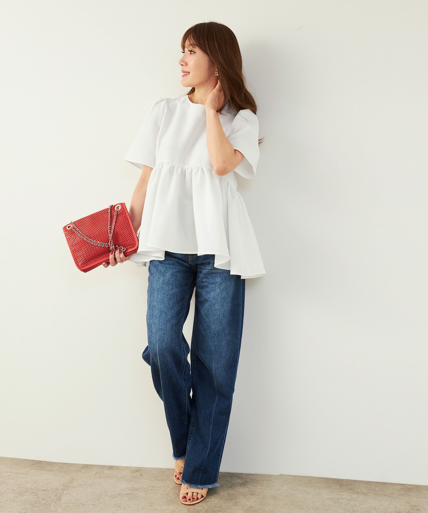 手洗い可かわいい上品きれいめ大人カジュアルオフィスフェミニン体型カバーシンプルラウンドネックジョイントスペース