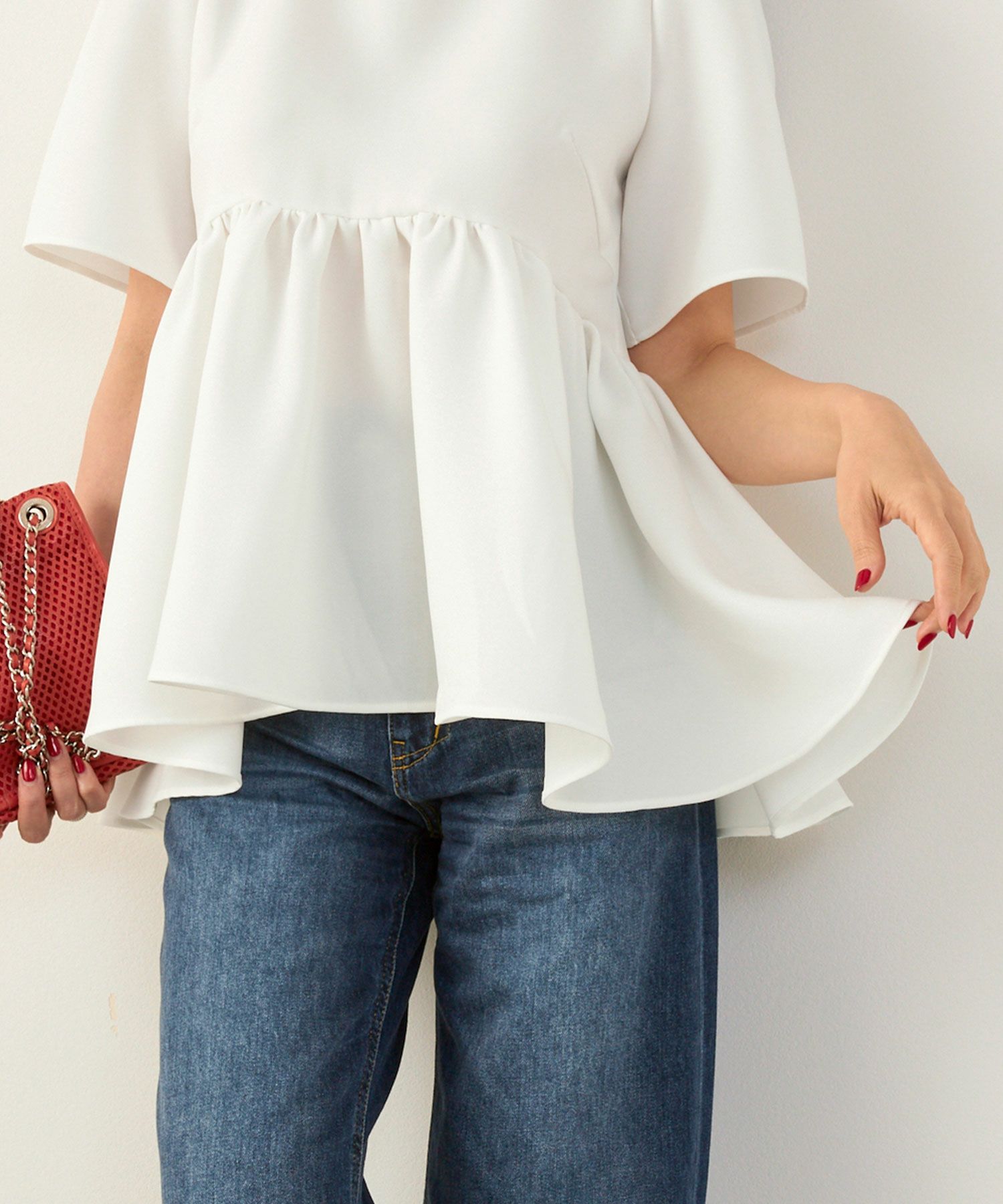 手洗い可かわいい上品きれいめ大人カジュアルオフィスフェミニン体型カバーシンプルラウンドネックジョイントスペース