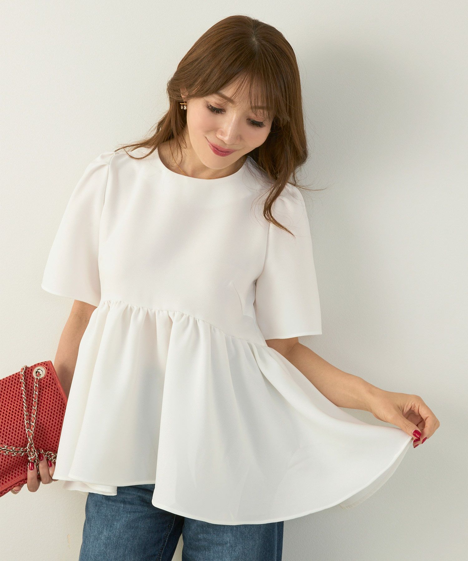 手洗い可かわいい上品きれいめ大人カジュアルオフィスフェミニン体型カバーシンプルラウンドネックジョイントスペース