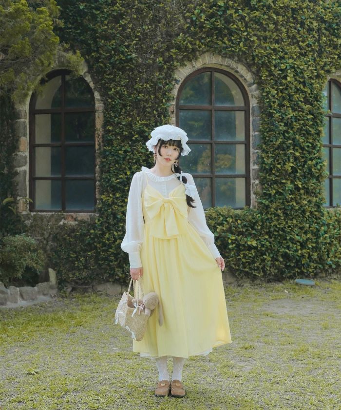 キャミワンピース ロングワンピース リボン アイスブルー/レモンイエロー/M