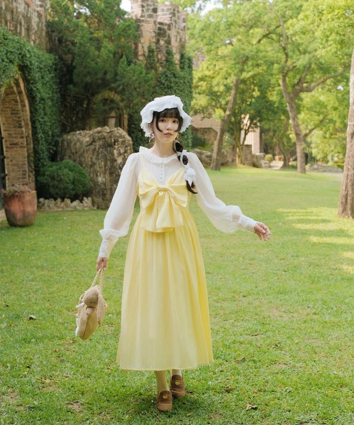 キャミワンピース ロングワンピース リボン アイスブルー/レモンイエロー/M