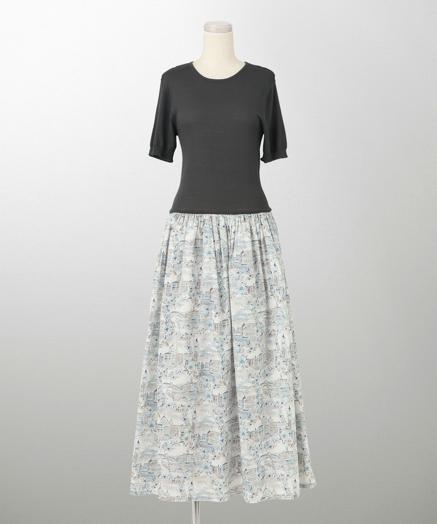 レディース ドッキングワンピース  サマーニット リバティ柄 半袖 きれいめ 上品 洗える チャコール ブラウン ブラック S M