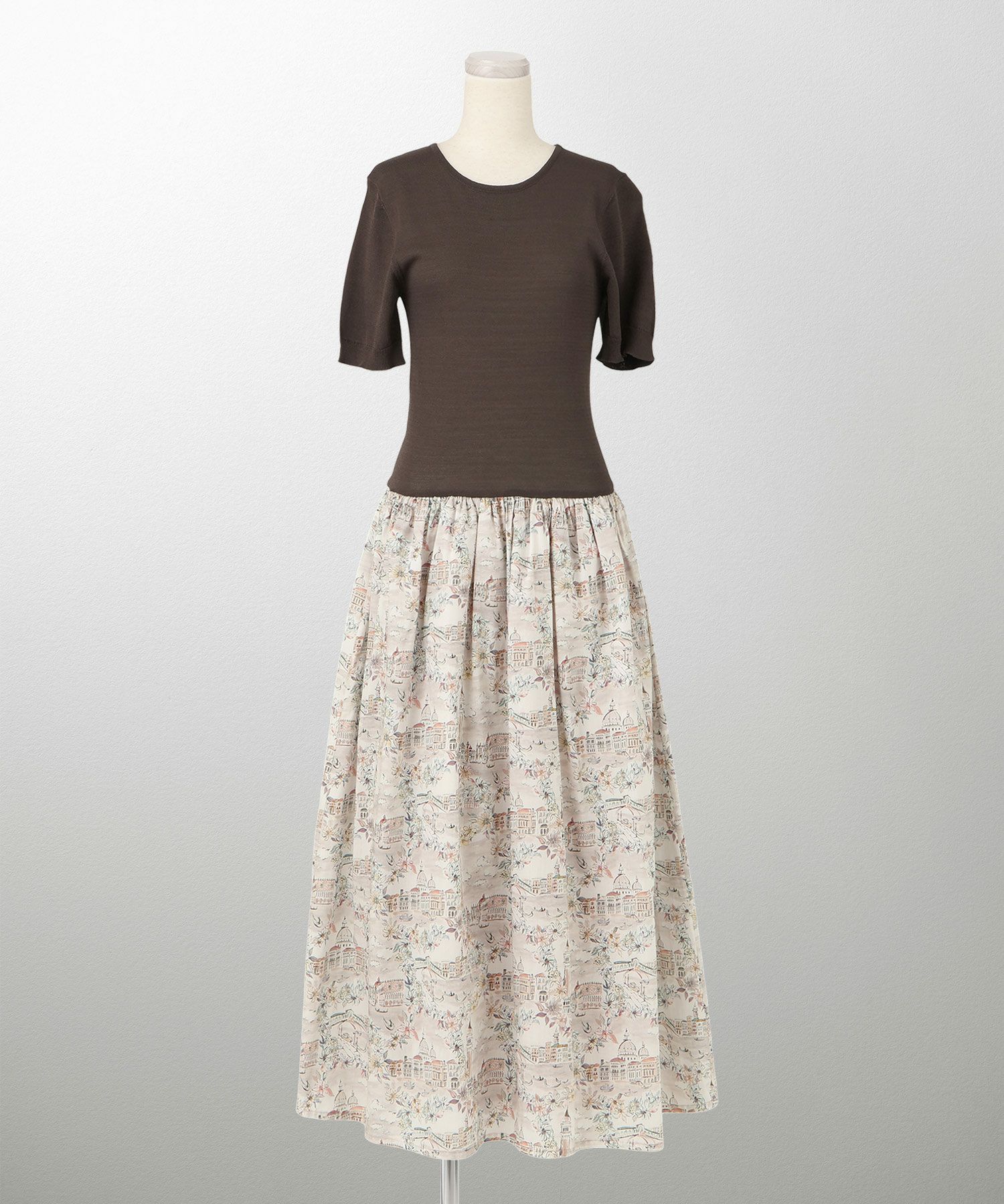 レディース ドッキングワンピース  サマーニット リバティ柄 半袖 きれいめ 上品 洗える チャコール ブラウン ブラック S M