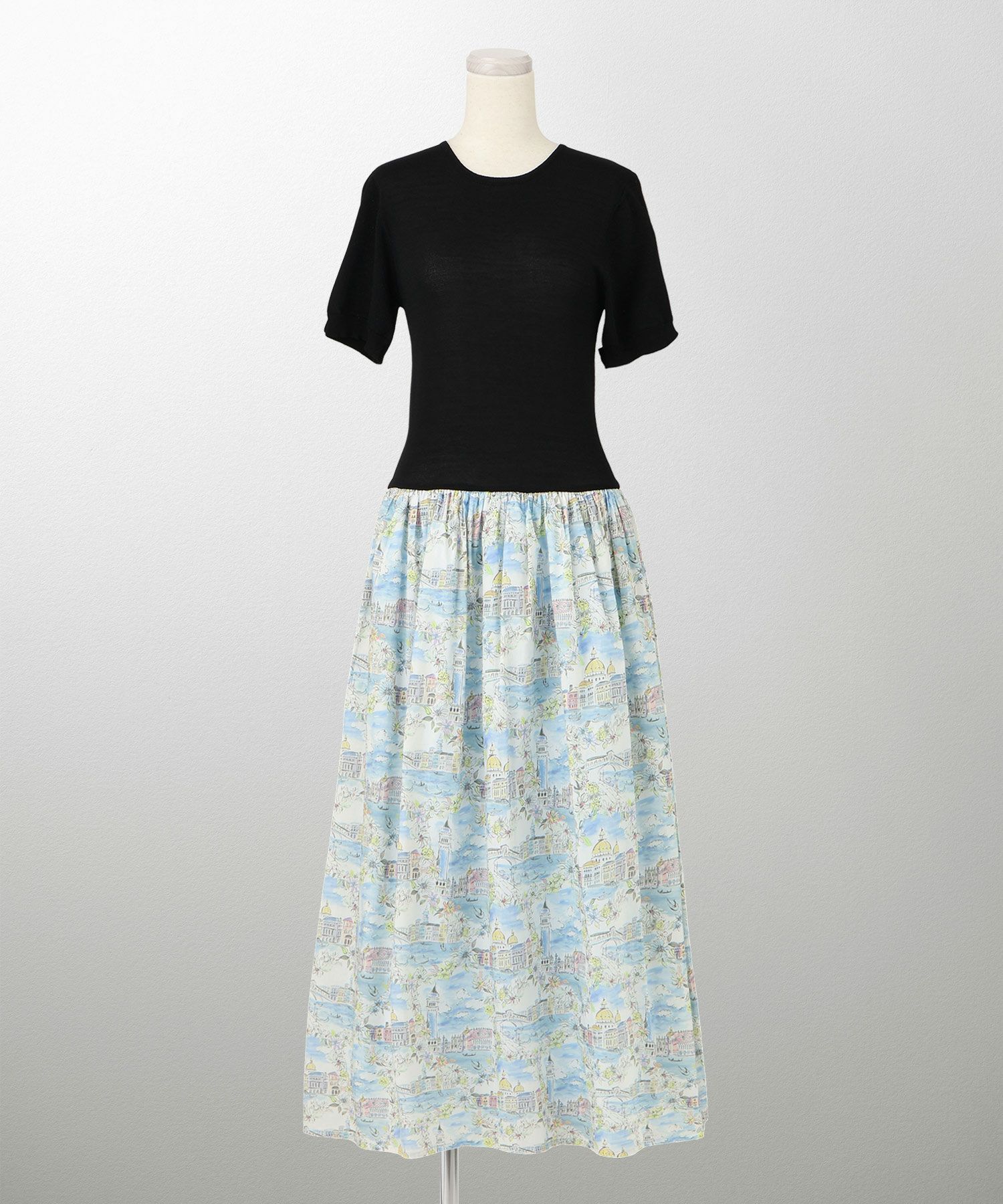 レディース ドッキングワンピース  サマーニット リバティ柄 半袖 きれいめ 上品 洗える チャコール ブラウン ブラック S M