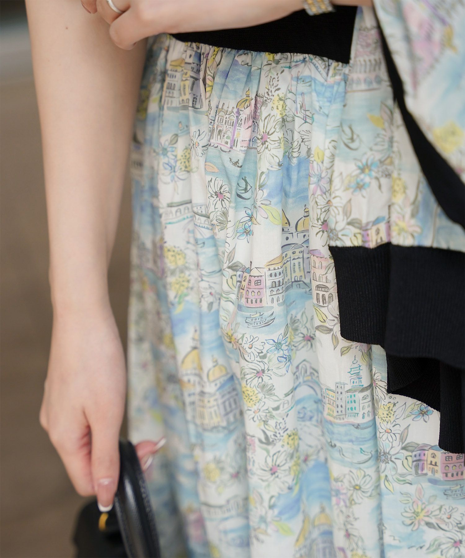 レディース ドッキングワンピース  サマーニット リバティ柄 半袖 きれいめ 上品 洗える チャコール ブラウン ブラック S M