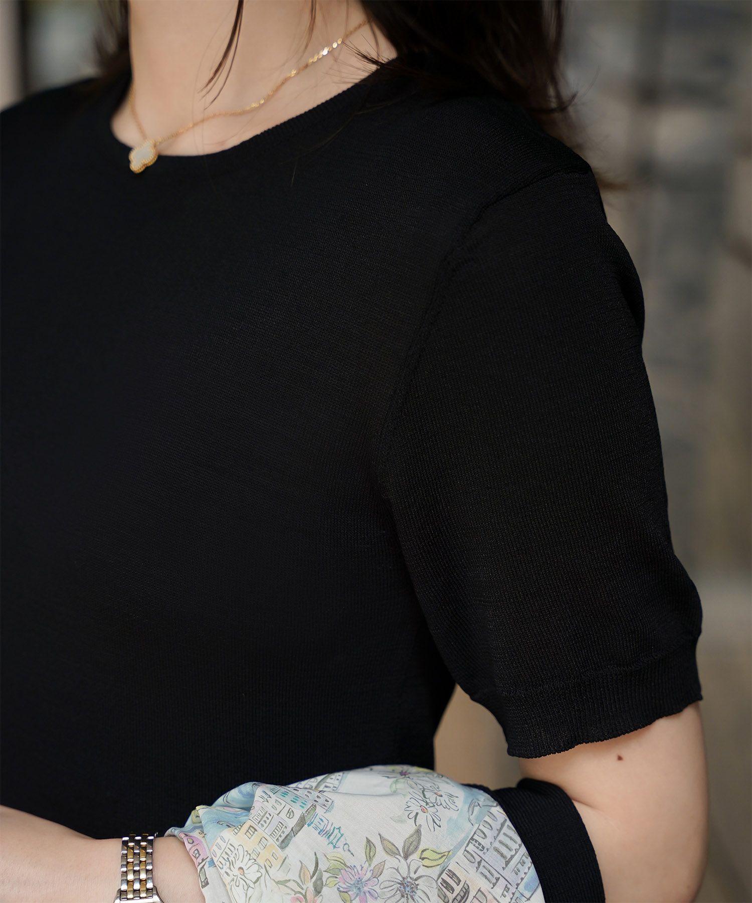 レディース ドッキングワンピース  サマーニット リバティ柄 半袖 きれいめ 上品 洗える チャコール ブラウン ブラック S M