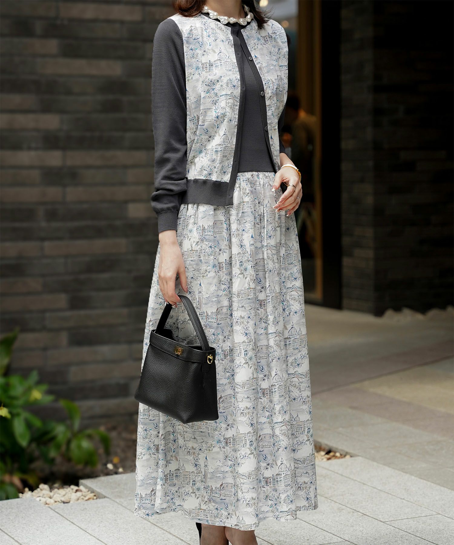 レディース ドッキングワンピース  サマーニット リバティ柄 半袖 きれいめ 上品 洗える チャコール ブラウン ブラック S M