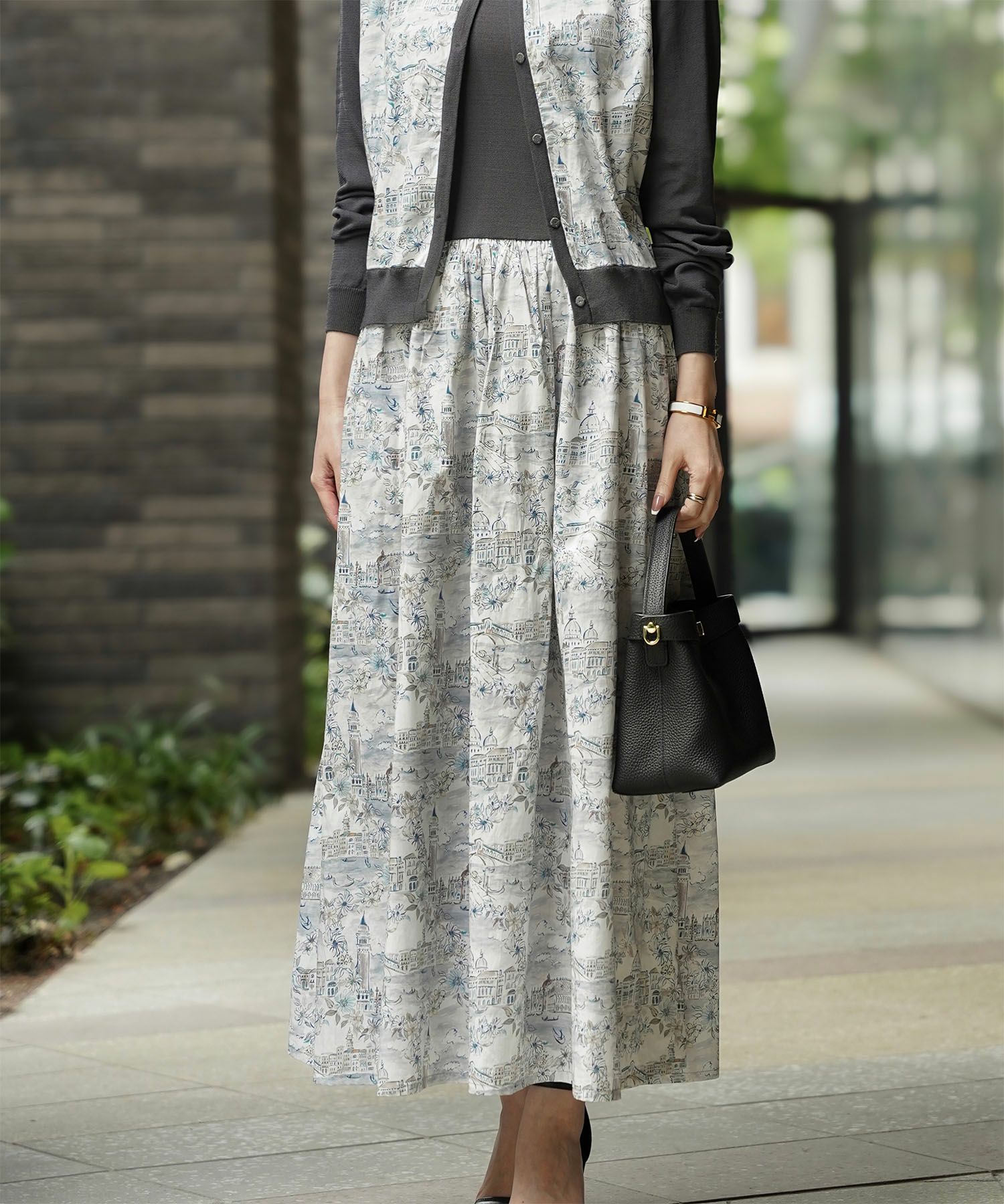 レディース ドッキングワンピース  サマーニット リバティ柄 半袖 きれいめ 上品 洗える チャコール ブラウン ブラック S M