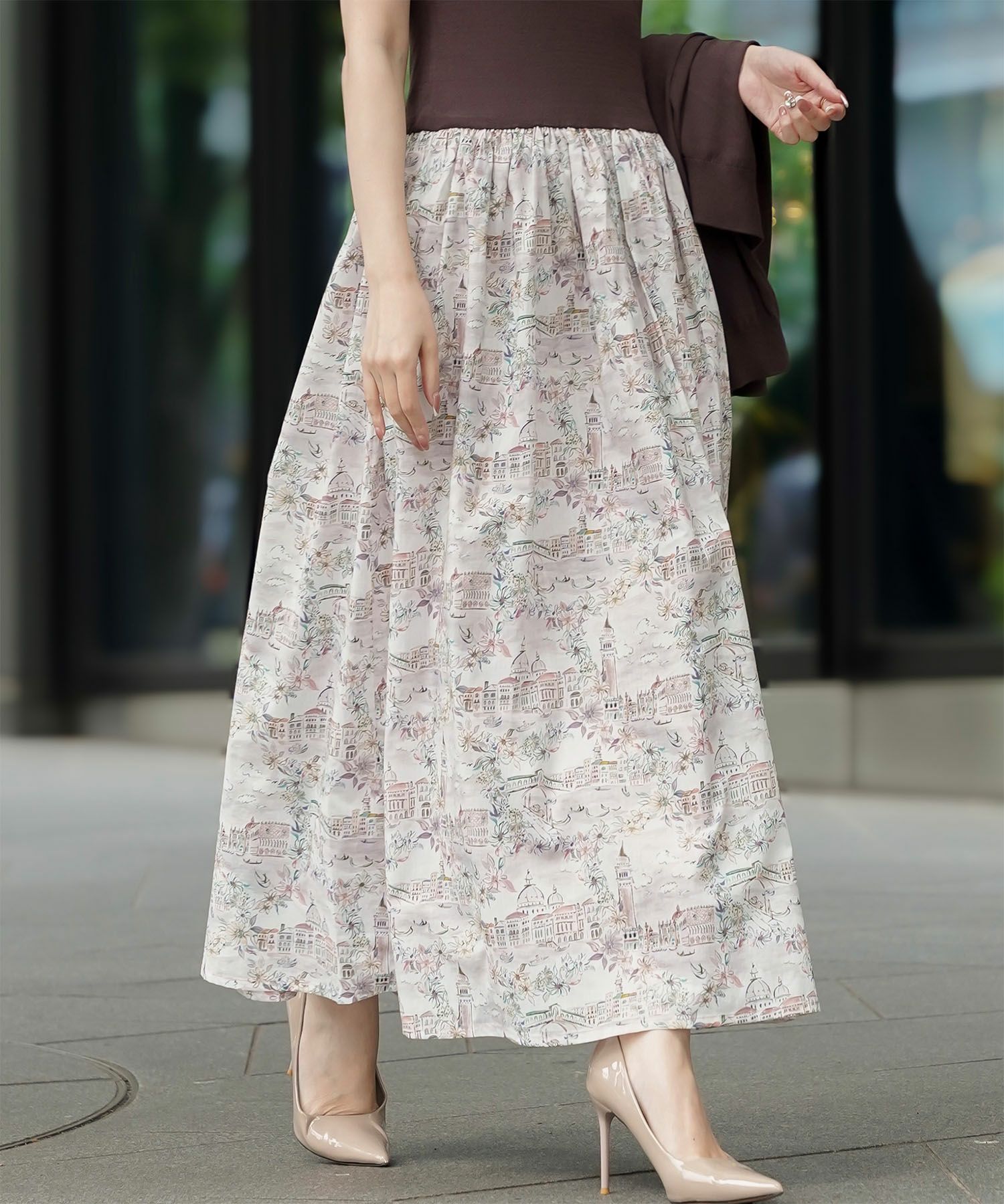 レディース ドッキングワンピース  サマーニット リバティ柄 半袖 きれいめ 上品 洗える チャコール ブラウン ブラック S M