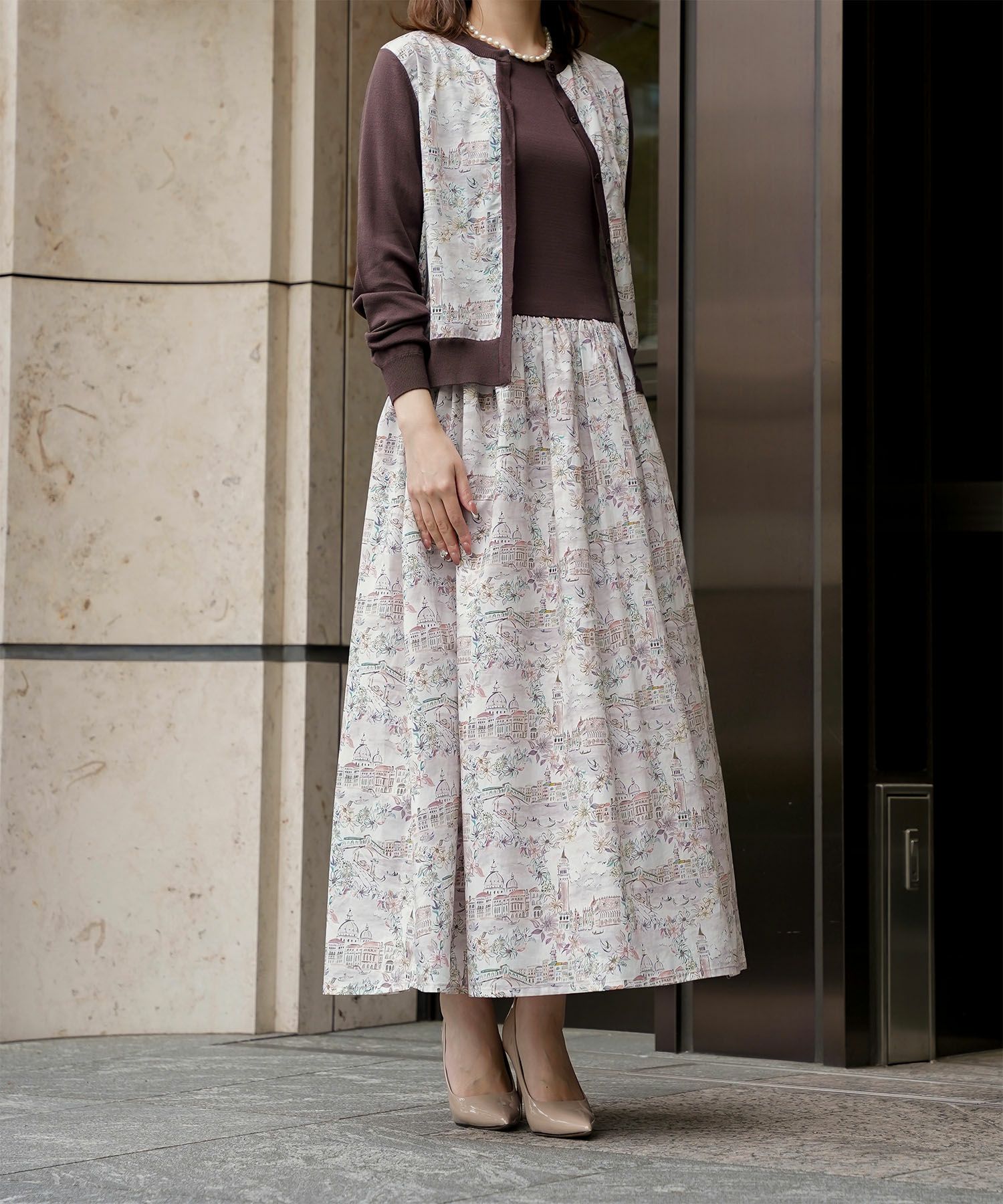 レディース ドッキングワンピース  サマーニット リバティ柄 半袖 きれいめ 上品 洗える チャコール ブラウン ブラック S M