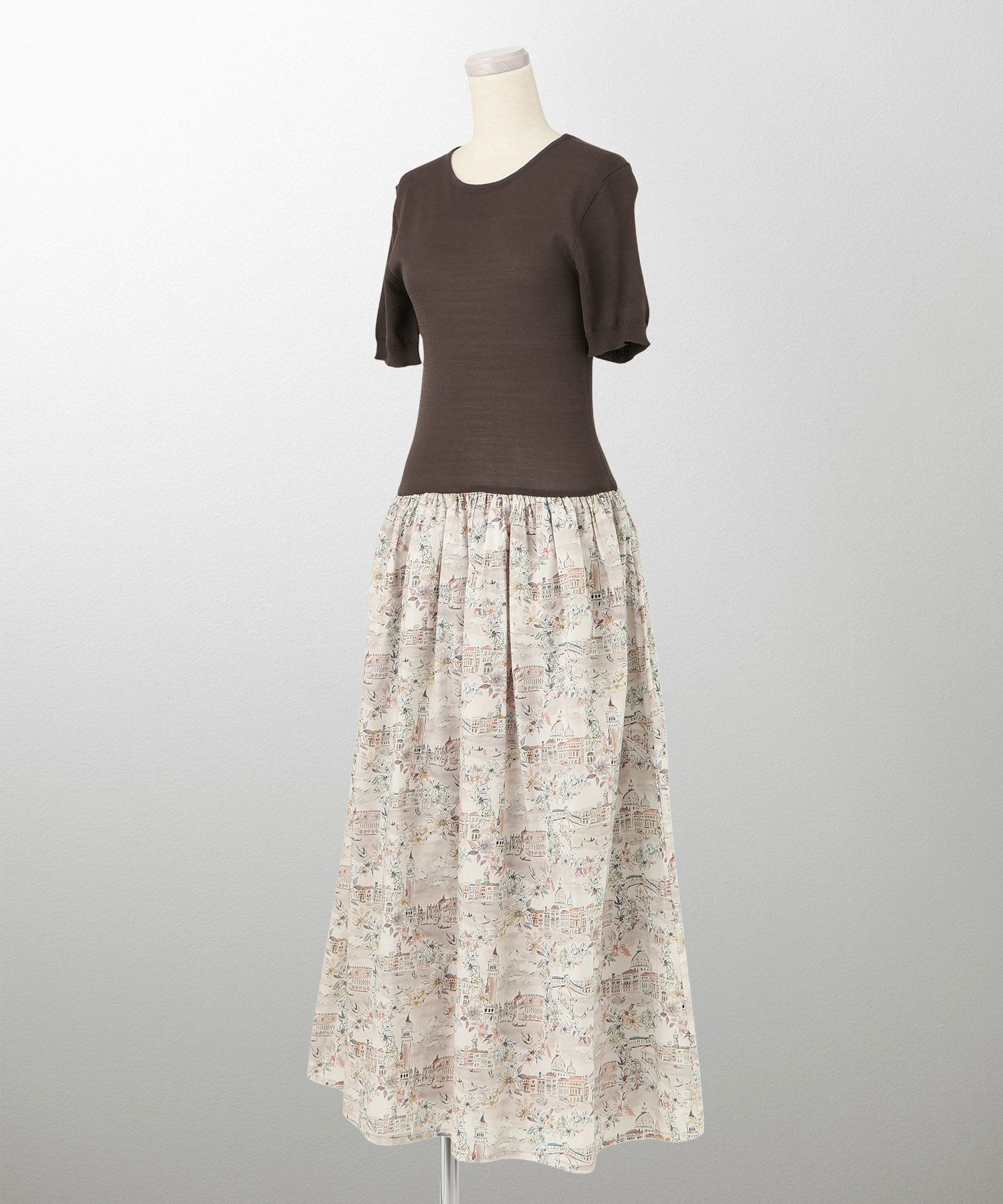 レディース ドッキングワンピース  サマーニット リバティ柄 半袖 きれいめ 上品 洗える チャコール ブラウン ブラック S M