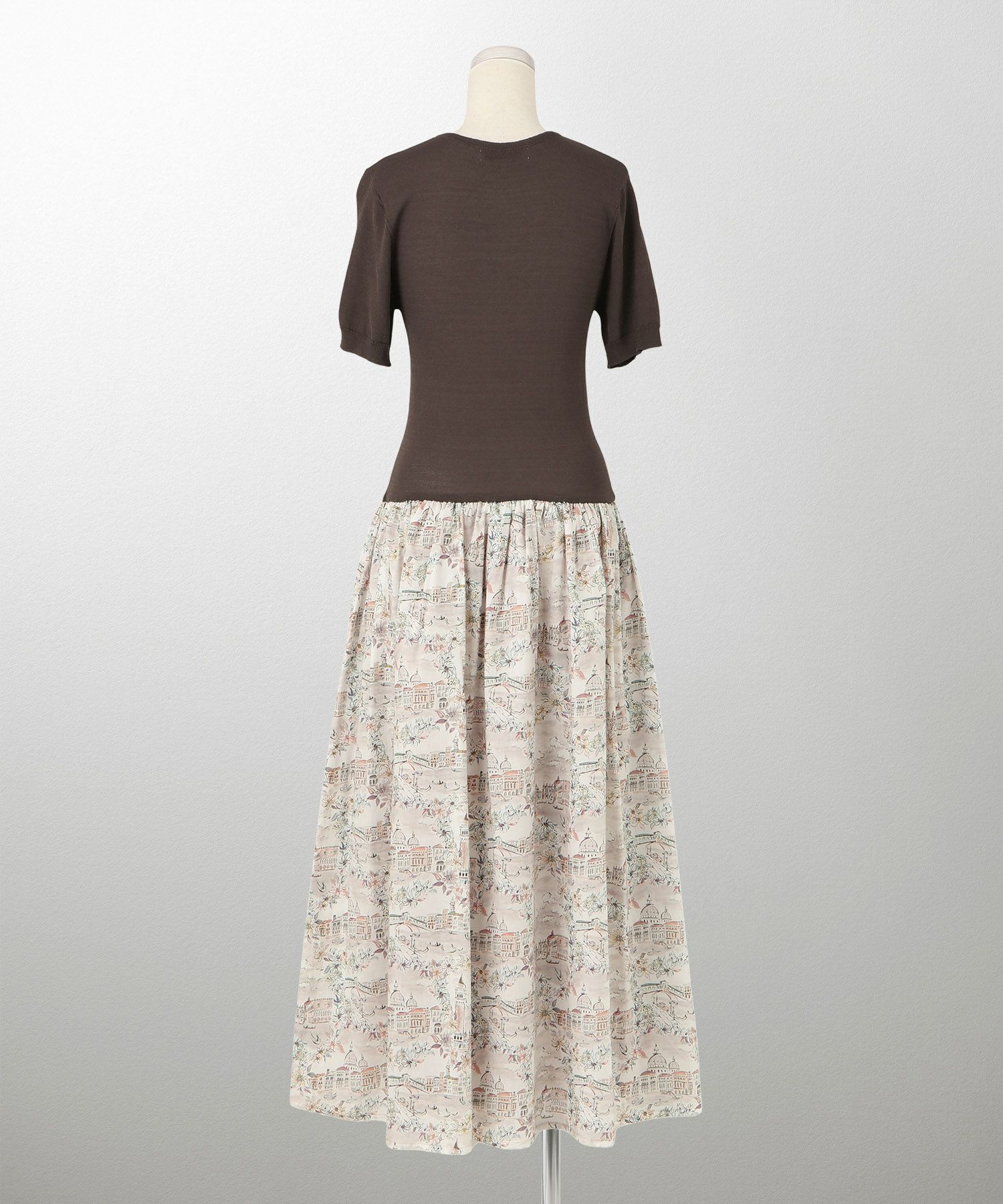 レディース ドッキングワンピース  サマーニット リバティ柄 半袖 きれいめ 上品 洗える チャコール ブラウン ブラック S M