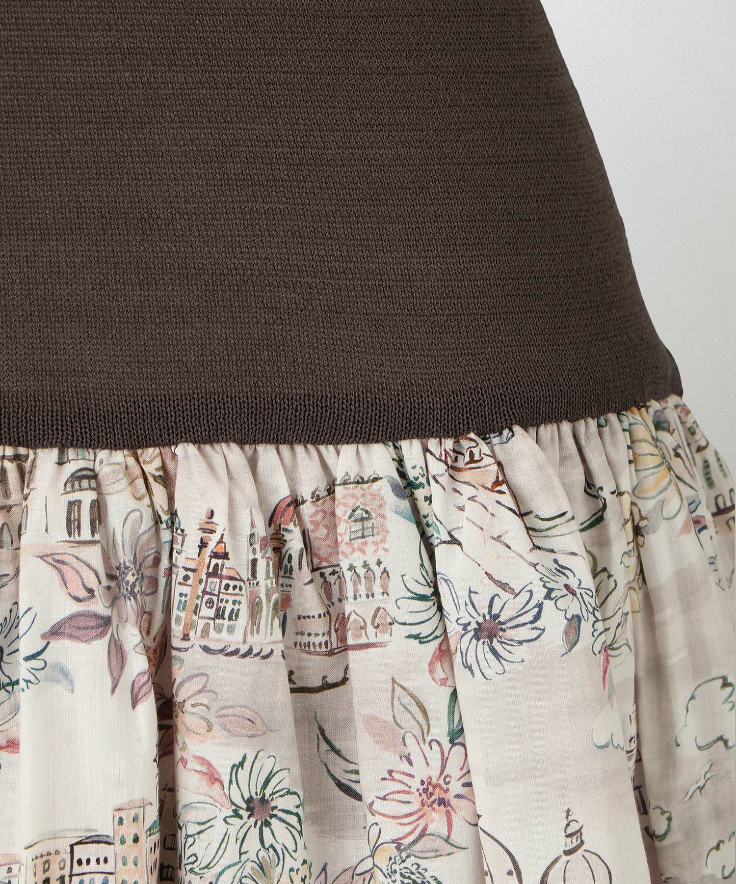 レディース ドッキングワンピース  サマーニット リバティ柄 半袖 きれいめ 上品 洗える チャコール ブラウン ブラック S M