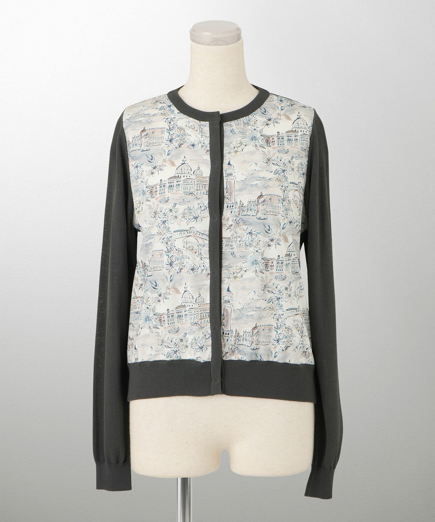 レディース ニットカーディガン サマーニット ドッキング 長袖 きれいめ 上品 洗える チャコール ブラウン ブラック M