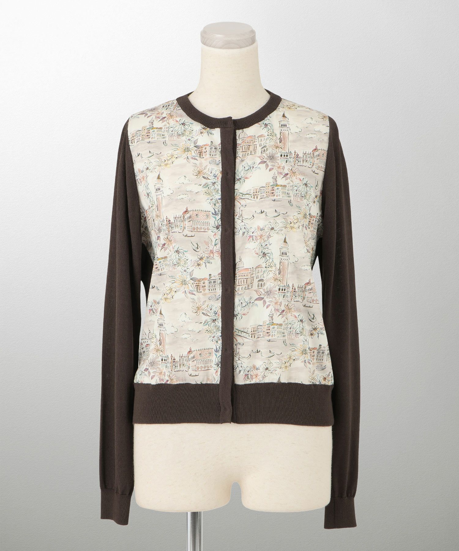 レディース ニットカーディガン サマーニット ドッキング 長袖 きれいめ 上品 洗える チャコール ブラウン ブラック M