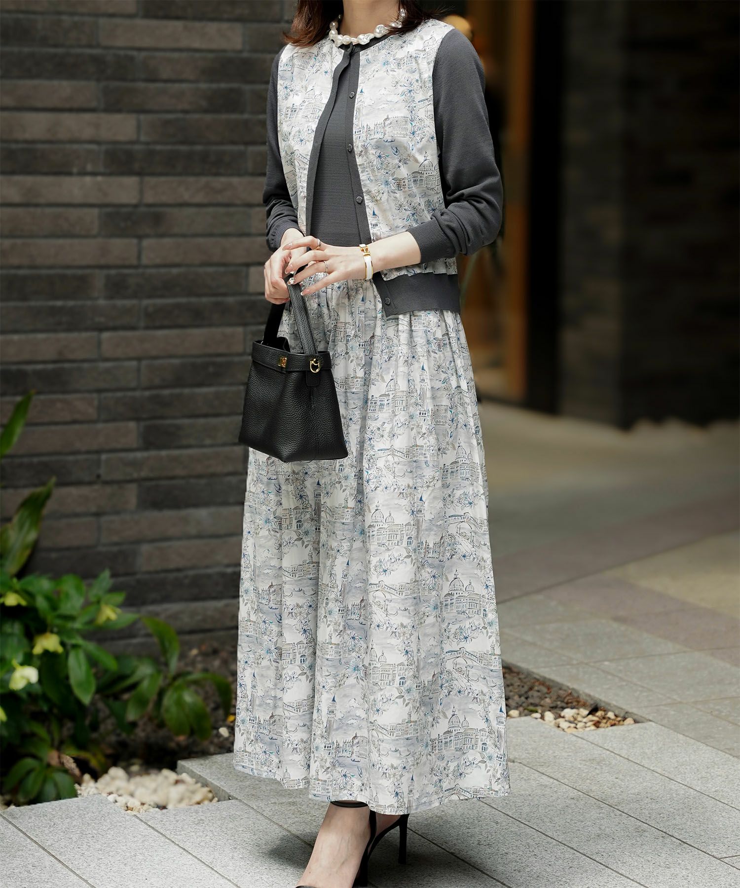 レディース ニットカーディガン サマーニット ドッキング 長袖 きれいめ 上品 洗える チャコール ブラウン ブラック M