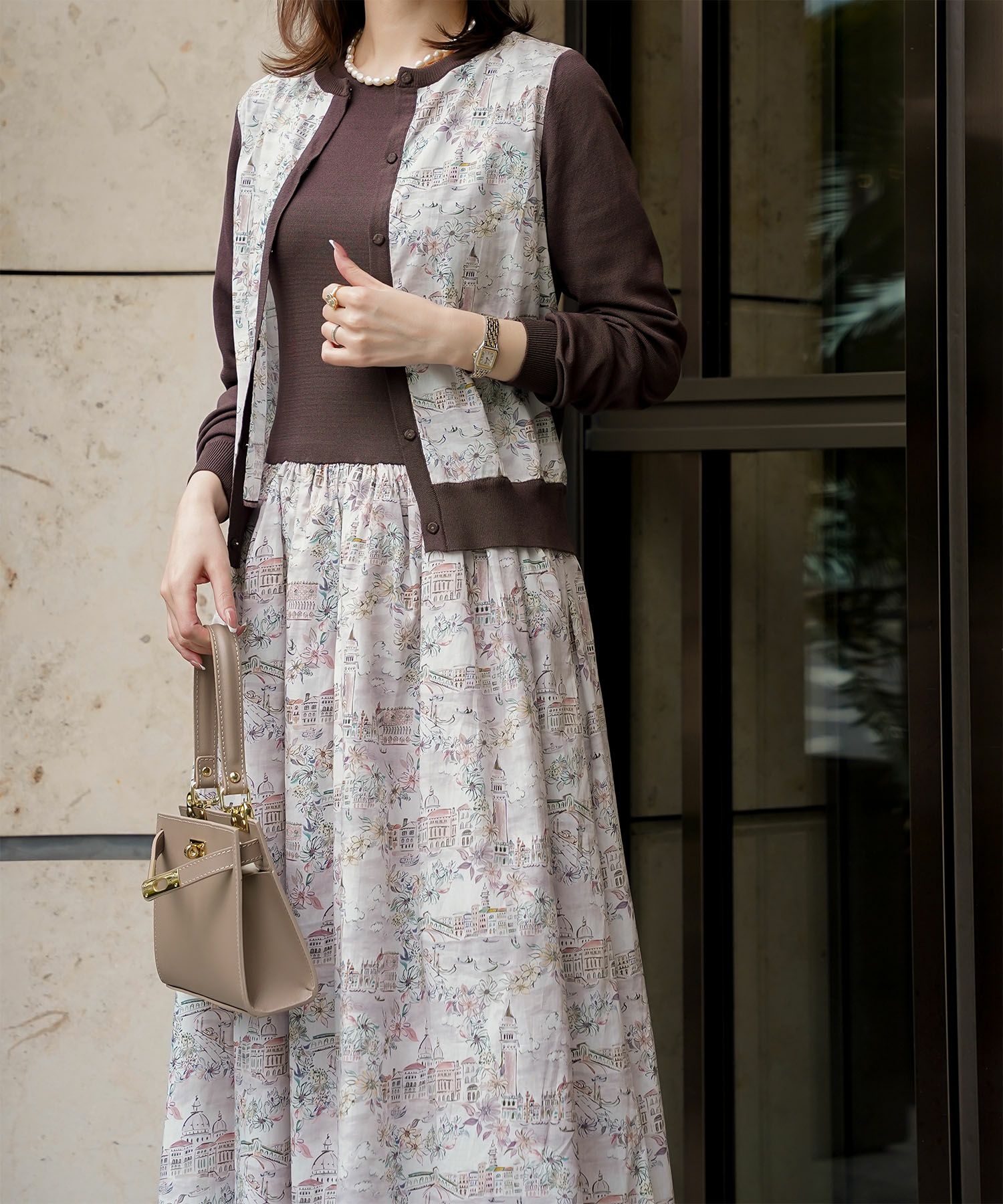 レディース ニットカーディガン サマーニット ドッキング 長袖 きれいめ 上品 洗える チャコール ブラウン ブラック M