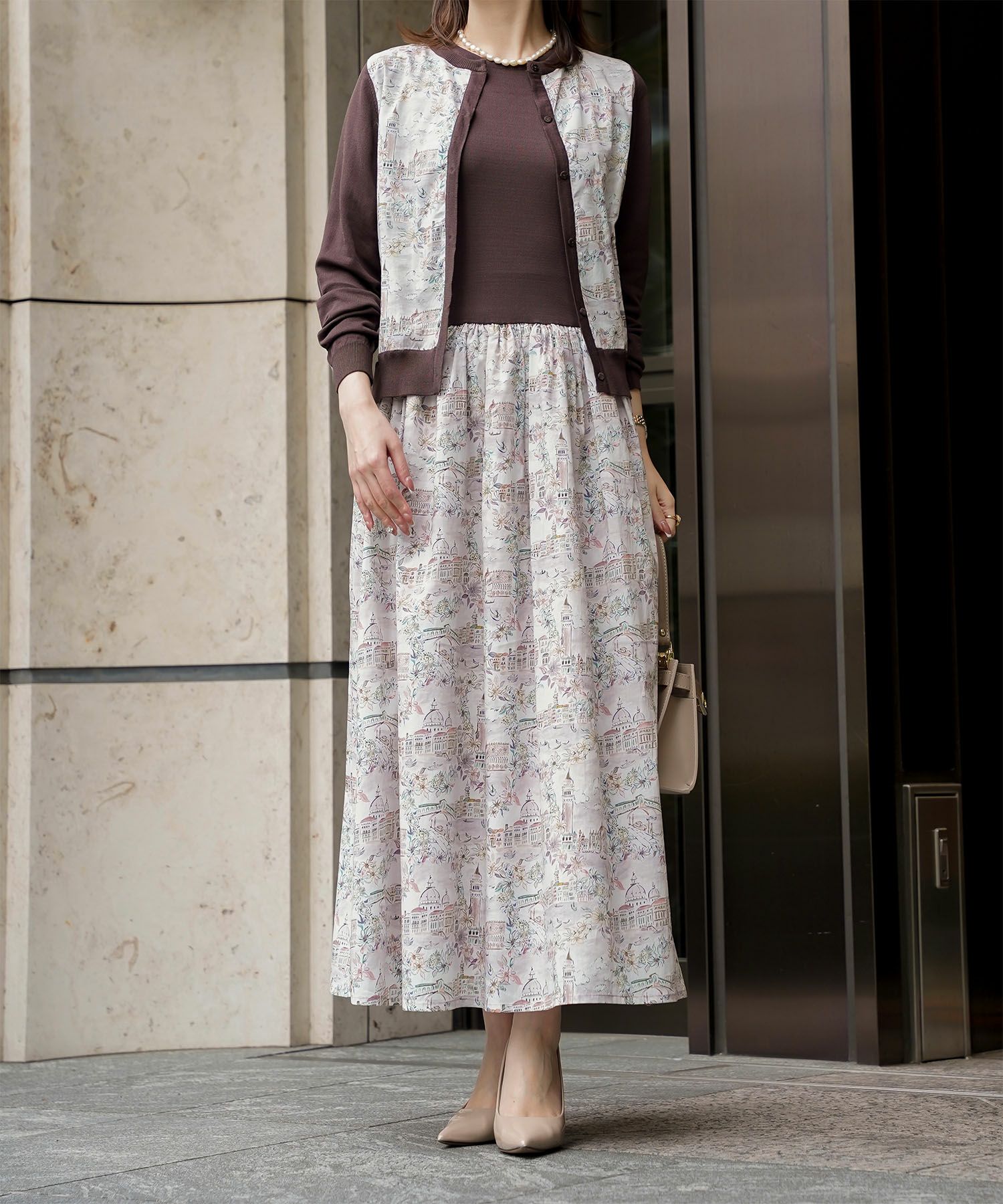 レディース ニットカーディガン サマーニット ドッキング 長袖 きれいめ 上品 洗える チャコール ブラウン ブラック M