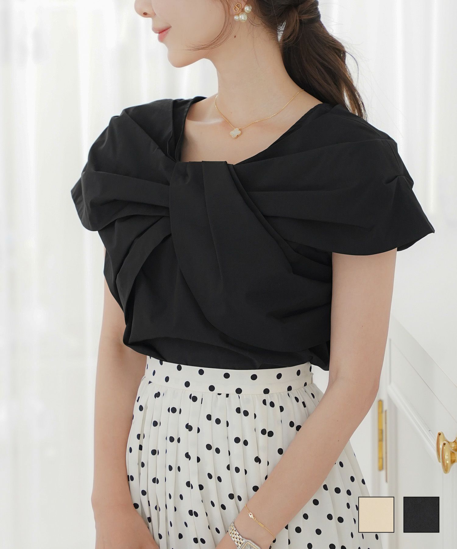 リボンオフショルブラウスlerevevanillerグレージュ/ブラック