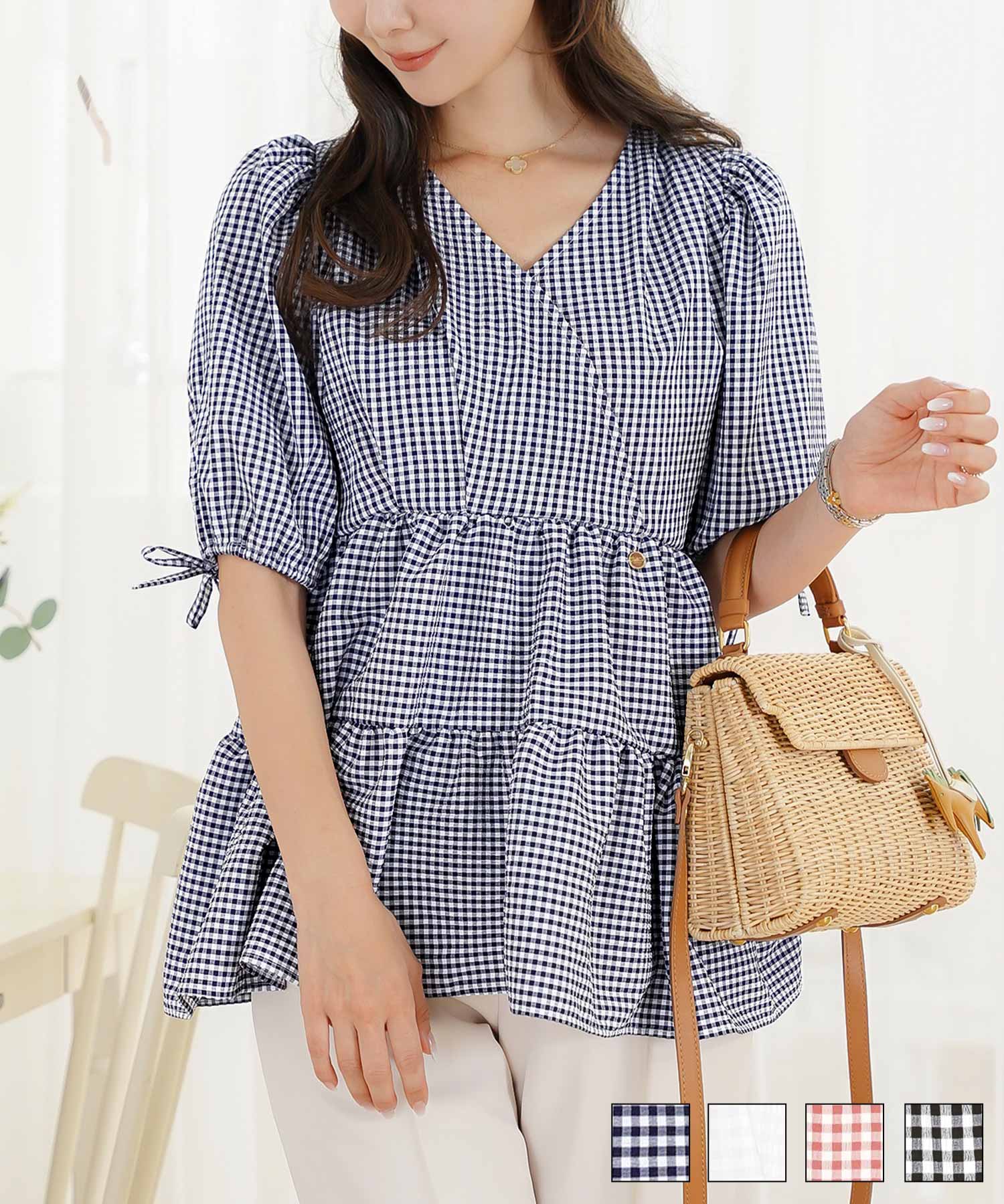 イージーケアカシュクールギンガムチェックブラウスlerevevanillerホワイト/ピンク/ブラック