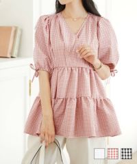 イージーケアカシュクールギンガムチェックブラウスlerevevanillerホワイト/ピンク/ブラック